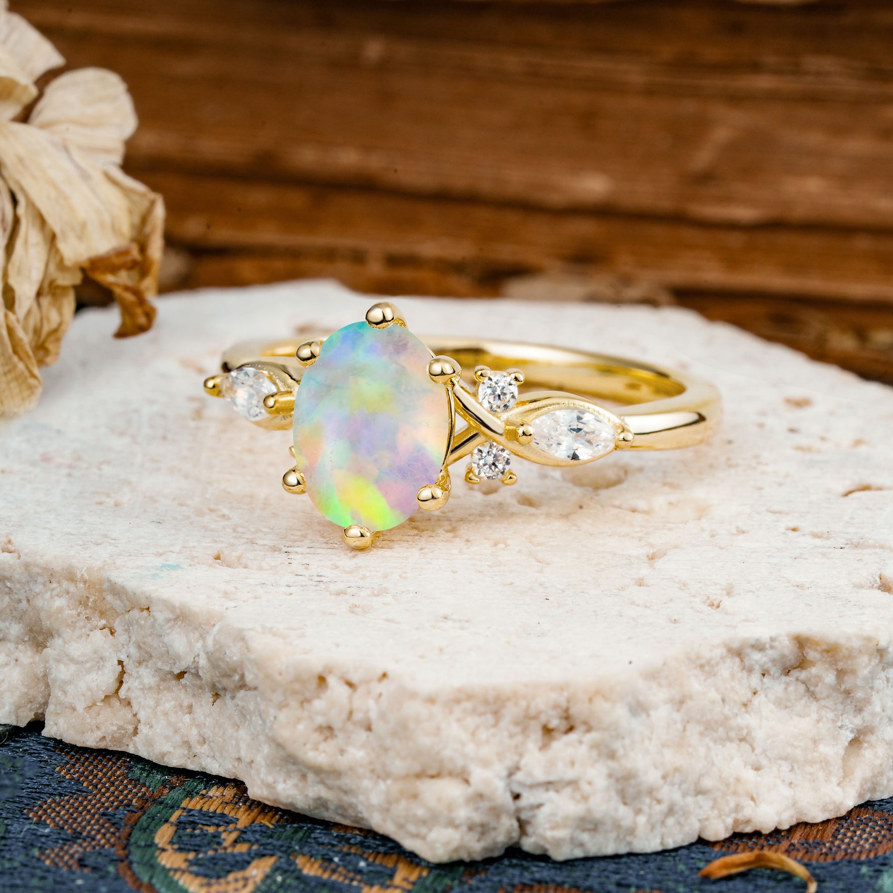 Nature Inspired 6 Prong Leaf Oval Cut Fire Opal Engagement Ring - Additional view