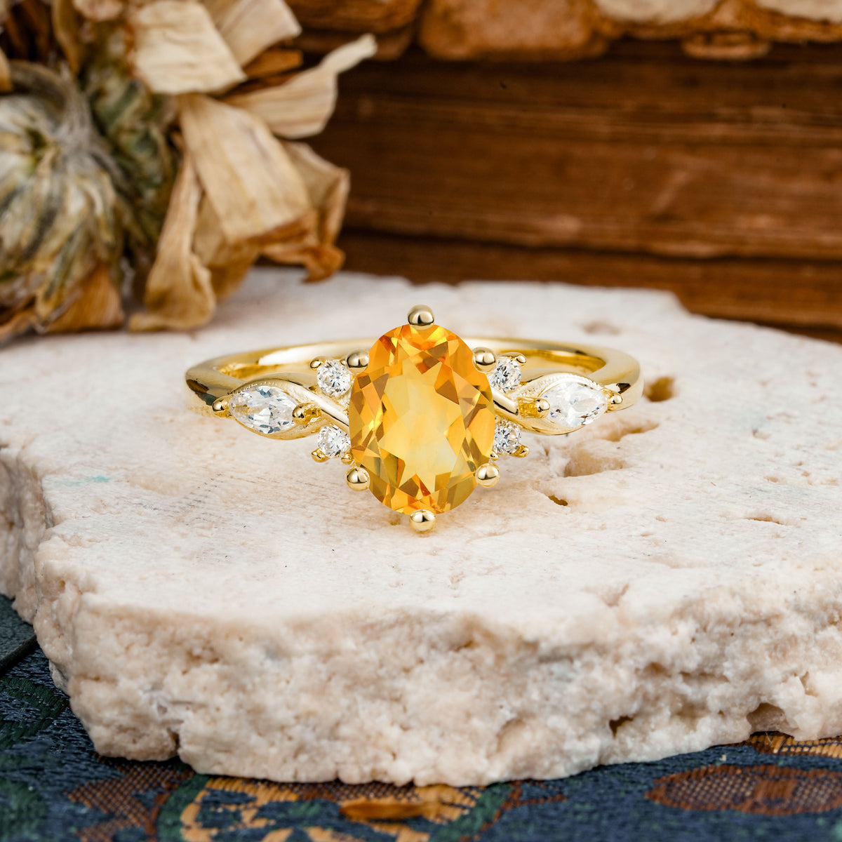 Nature Inspired 6 Prong Leaf Oval Cut Citrine Engagement Ring - Additional view
