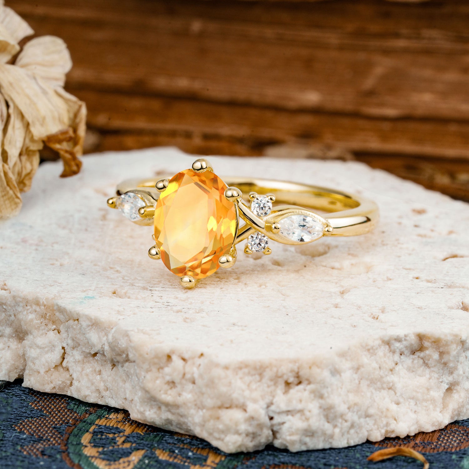 Nature Inspired 6 Prong Leaf Oval Cut Citrine Engagement Ring - Additional view