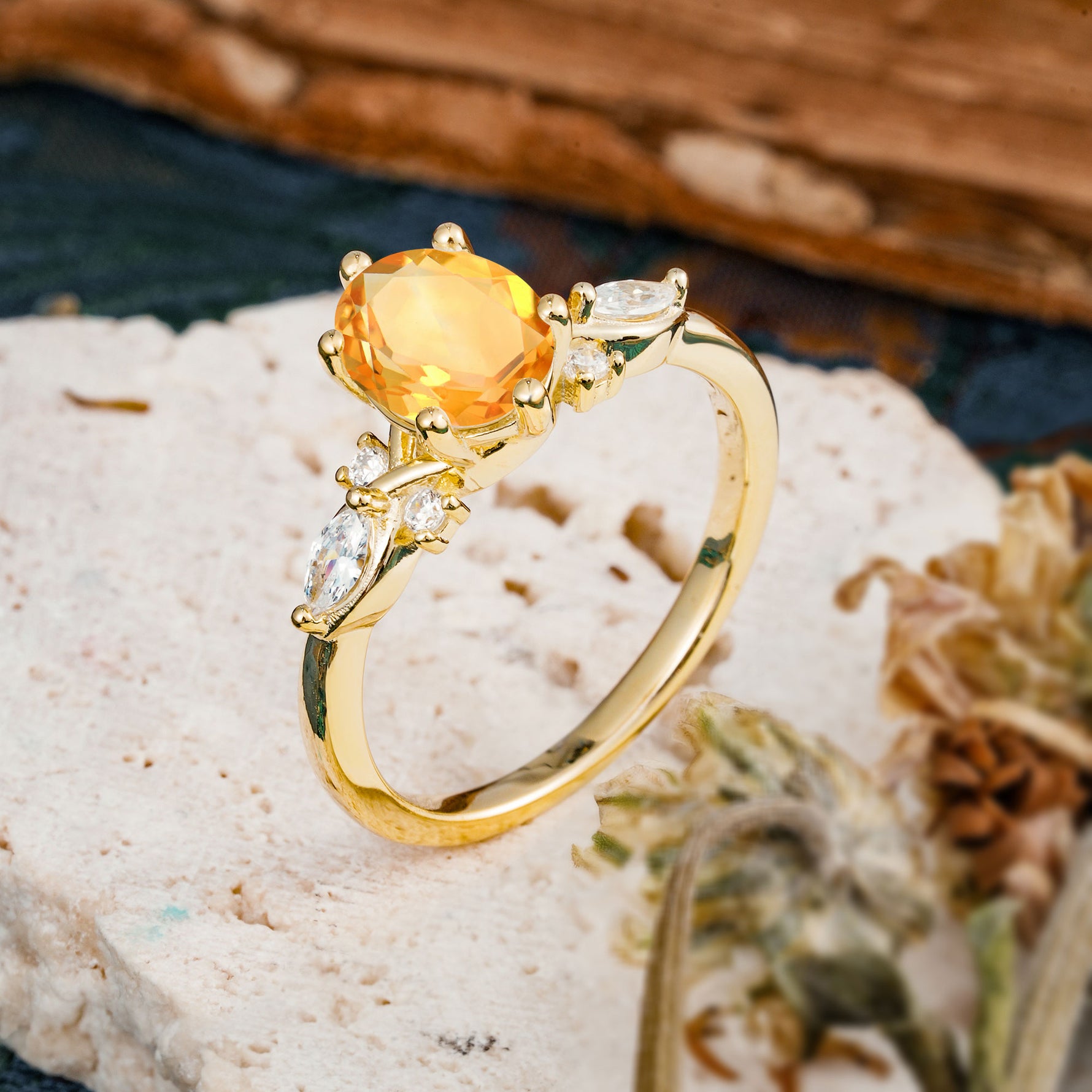 Nature Inspired 6 Prong Leaf Oval Cut Citrine Engagement Ring - Additional view