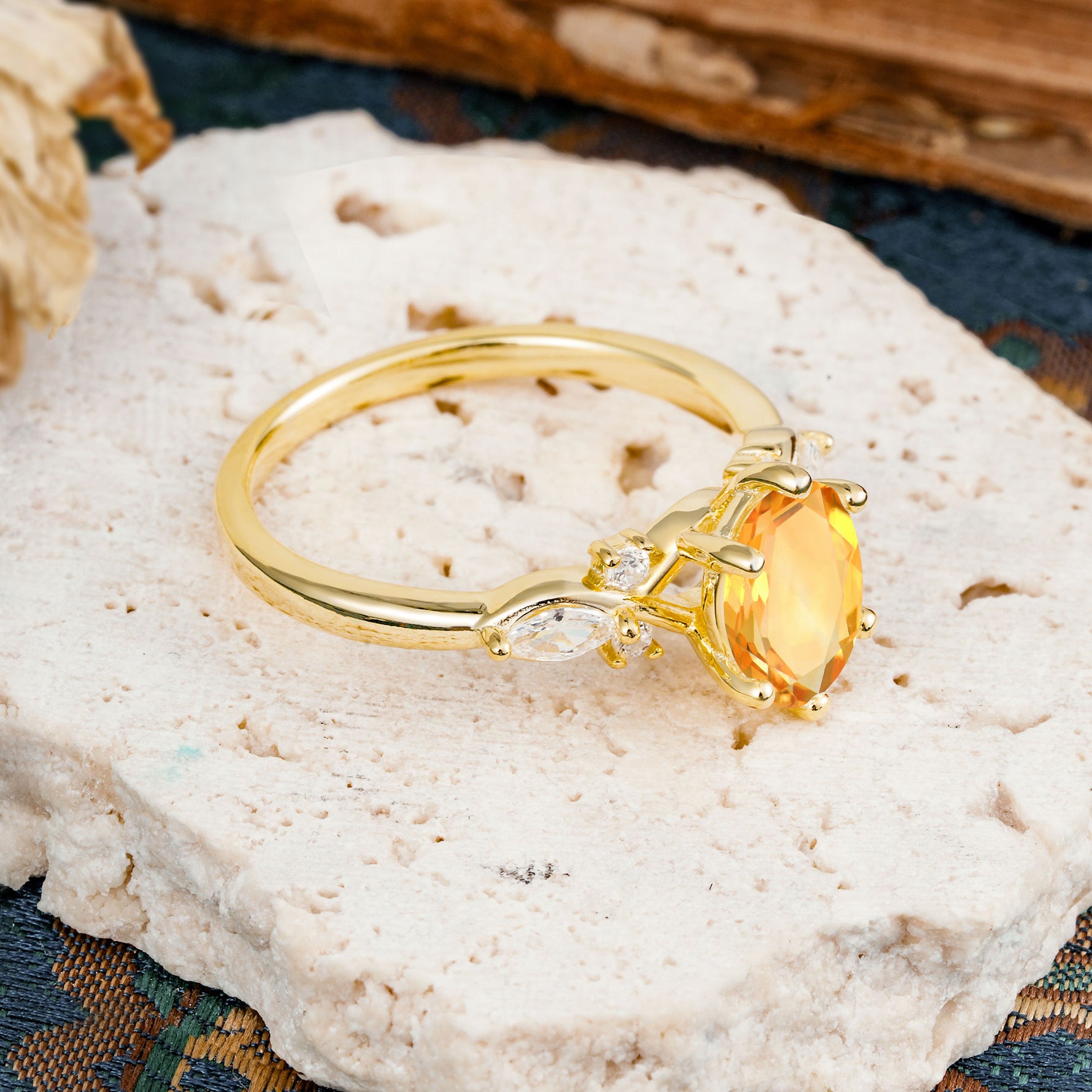 Nature Inspired 6 Prong Leaf Oval Cut Citrine Engagement Ring - Additional view