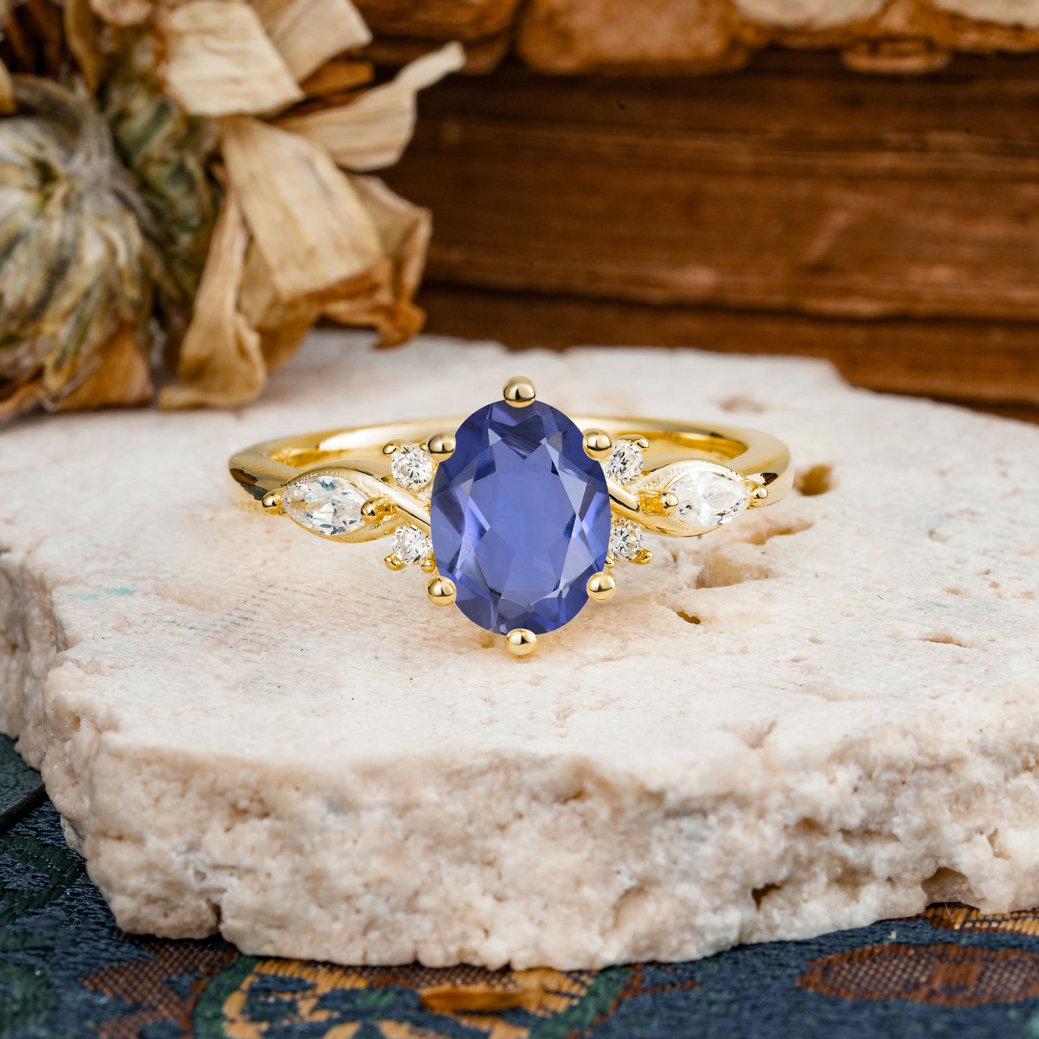 Nature Inspired 6 Prong Leaf Oval Cut Tanzanite Engagement Ring - Additional view