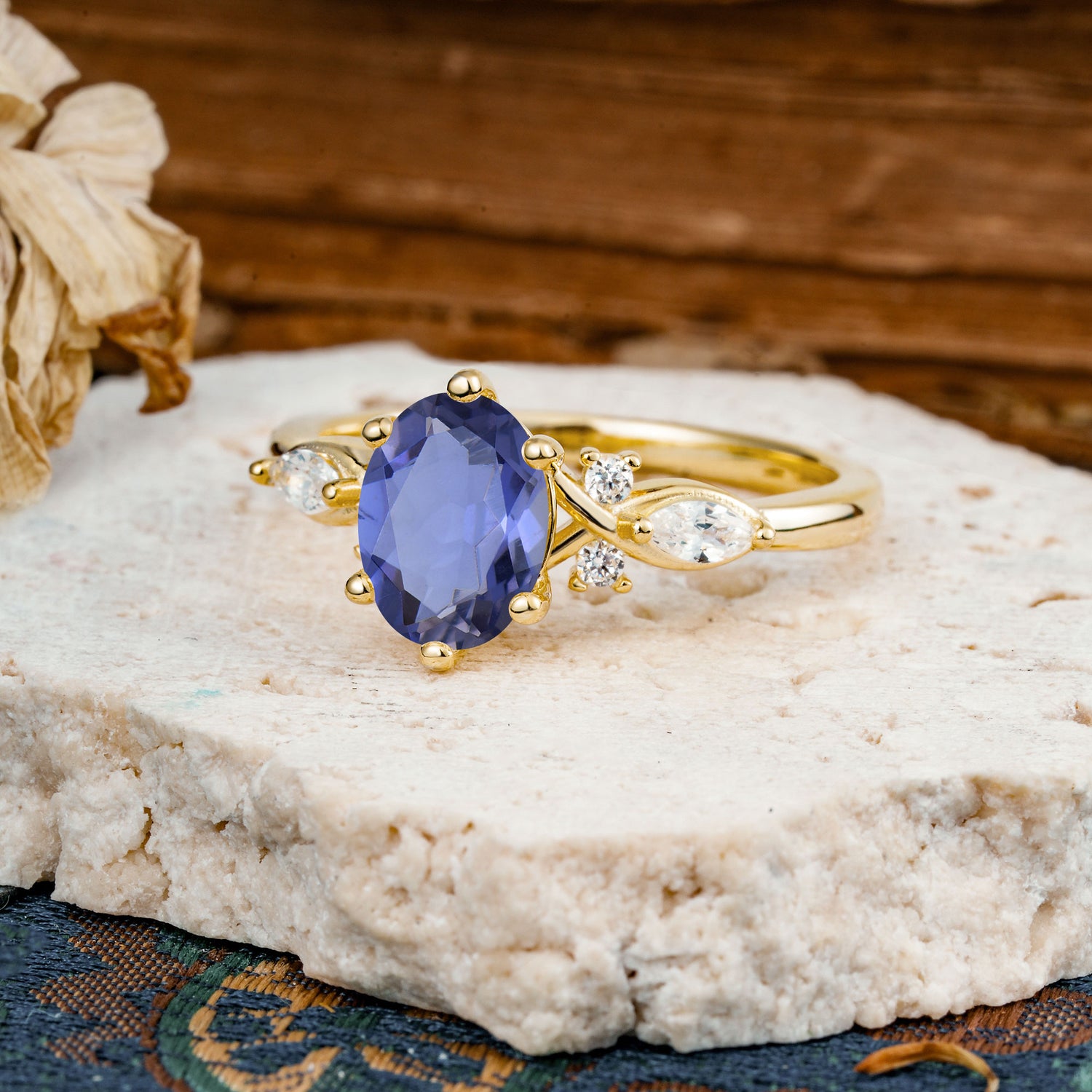 Nature Inspired 6 Prong Leaf Oval Cut Tanzanite Engagement Ring - Additional view