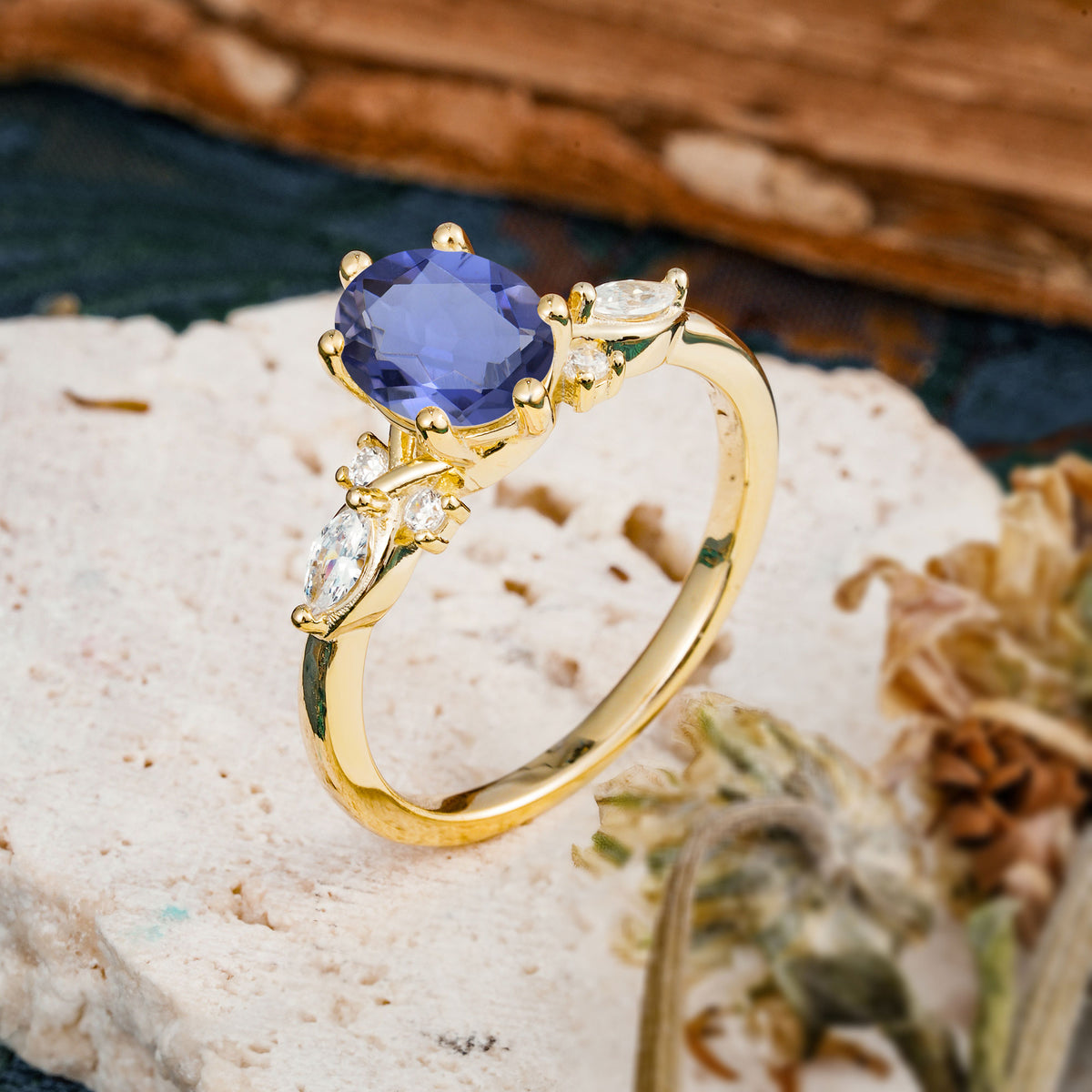 Nature Inspired 6 Prong Leaf Oval Cut Tanzanite Engagement Ring - Additional view
