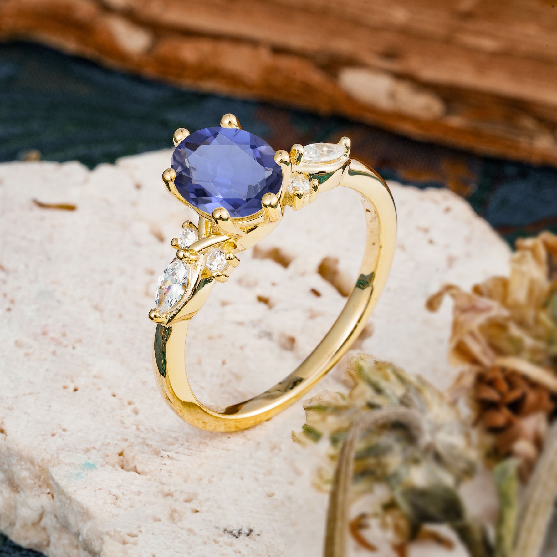 Nature Inspired 6 Prong Leaf Oval Cut Tanzanite Engagement Ring - Additional view