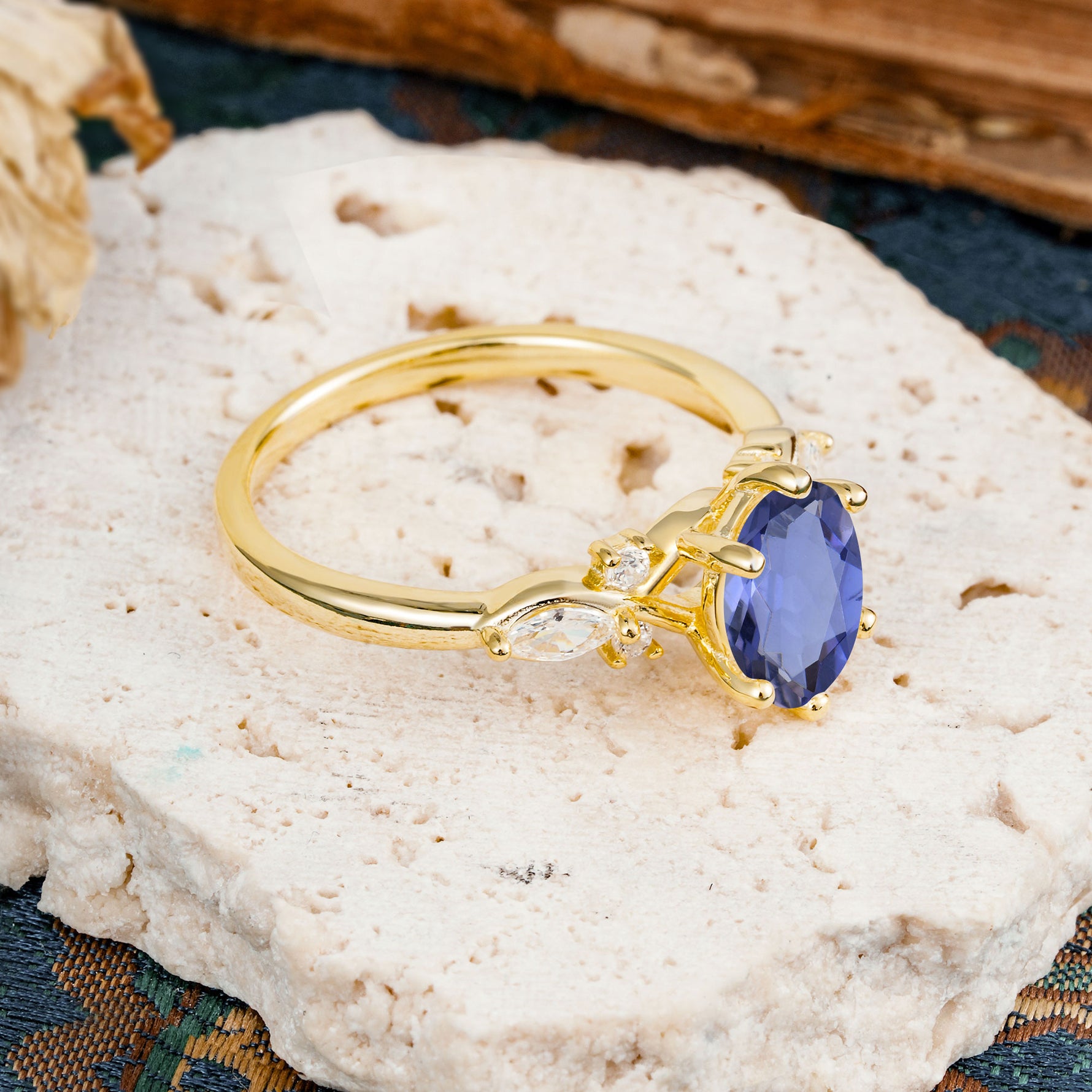 Nature Inspired 6 Prong Leaf Oval Cut Tanzanite Engagement Ring - Additional view