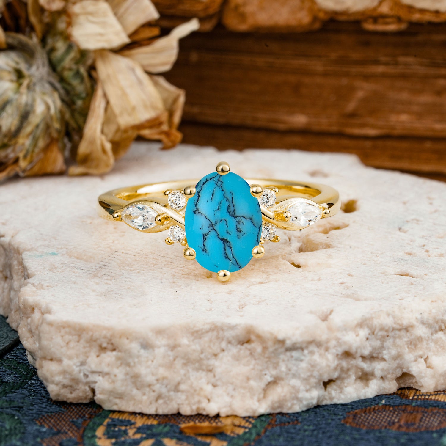 Nature Inspired 6 Prong Leaf Oval Cut Turquoise Engagement Ring - Additional view