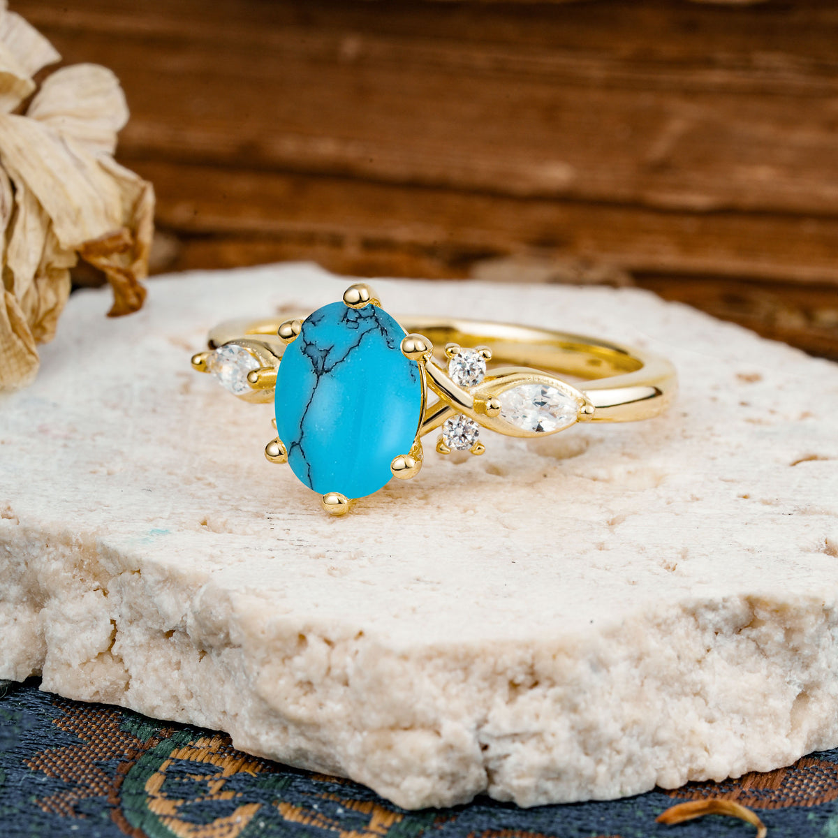 Nature Inspired 6 Prong Leaf Oval Cut Turquoise Engagement Ring - Additional view