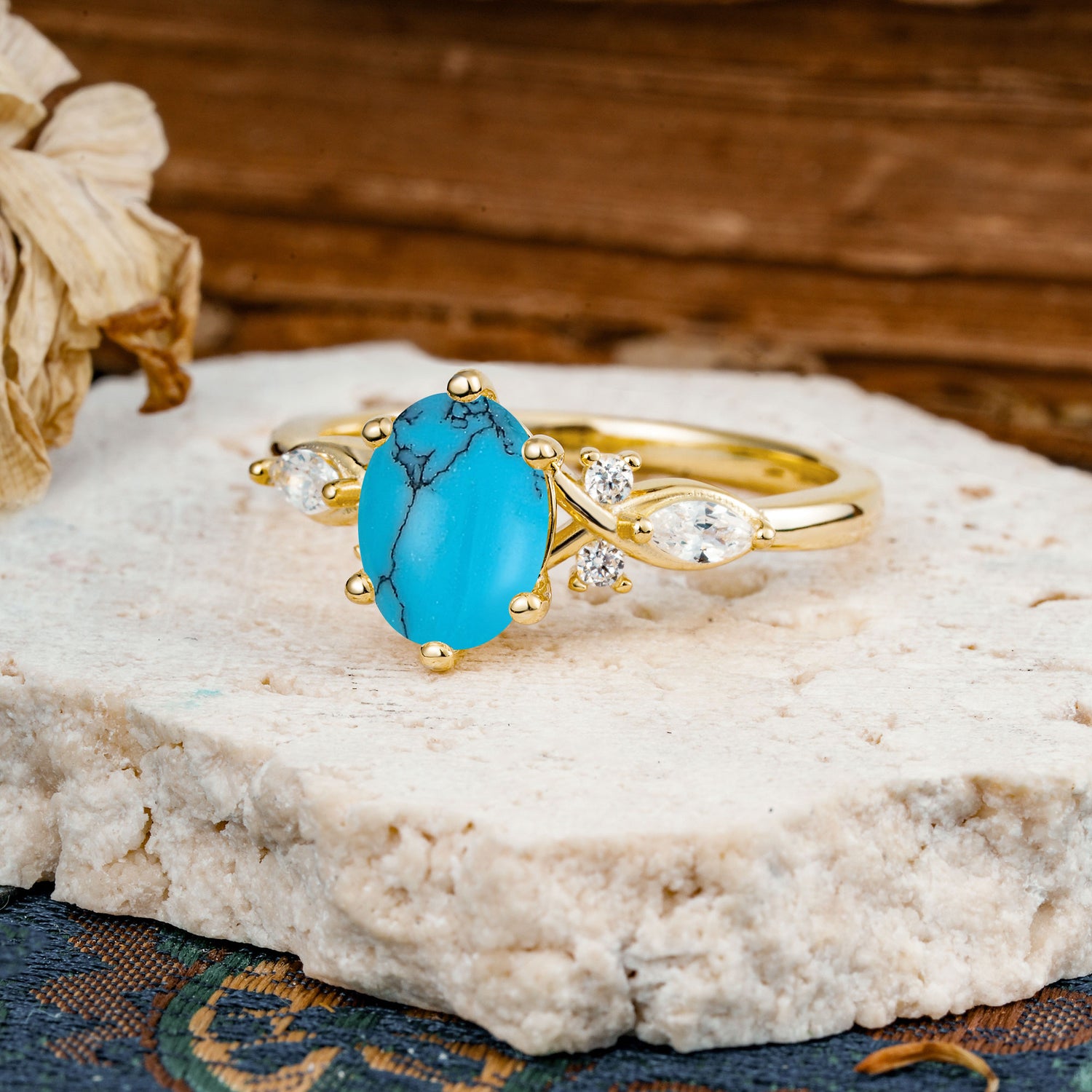 Nature Inspired 6 Prong Leaf Oval Cut Turquoise Engagement Ring - Additional view