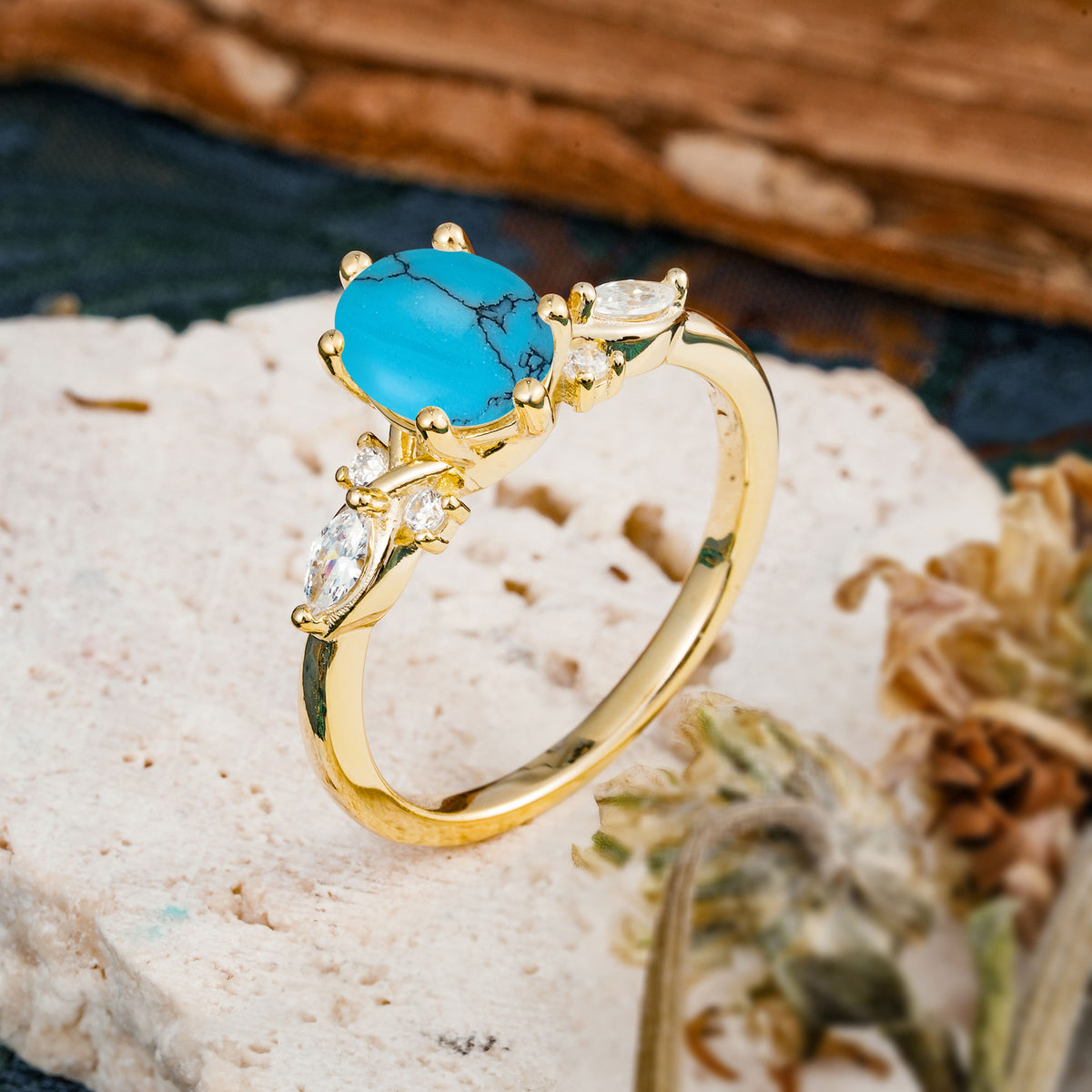 Nature Inspired 6 Prong Leaf Oval Cut Turquoise Engagement Ring - Additional view