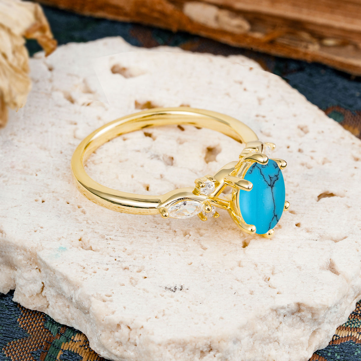 Nature Inspired 6 Prong Leaf Oval Cut Turquoise Engagement Ring - Additional view