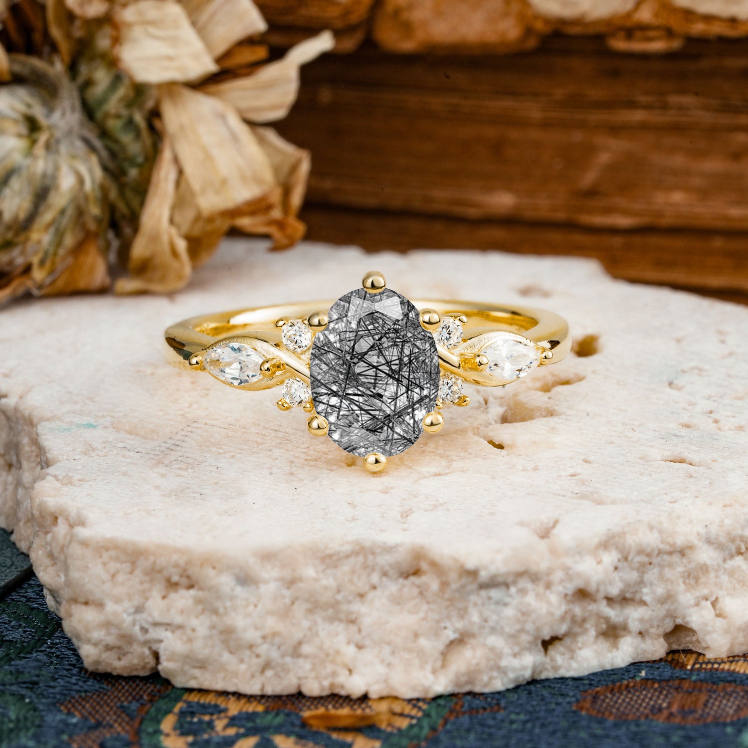 Nature Inspired 6 Prong Leaf Oval Cut Black Rutilated Quartz Engagement Ring - Additional view