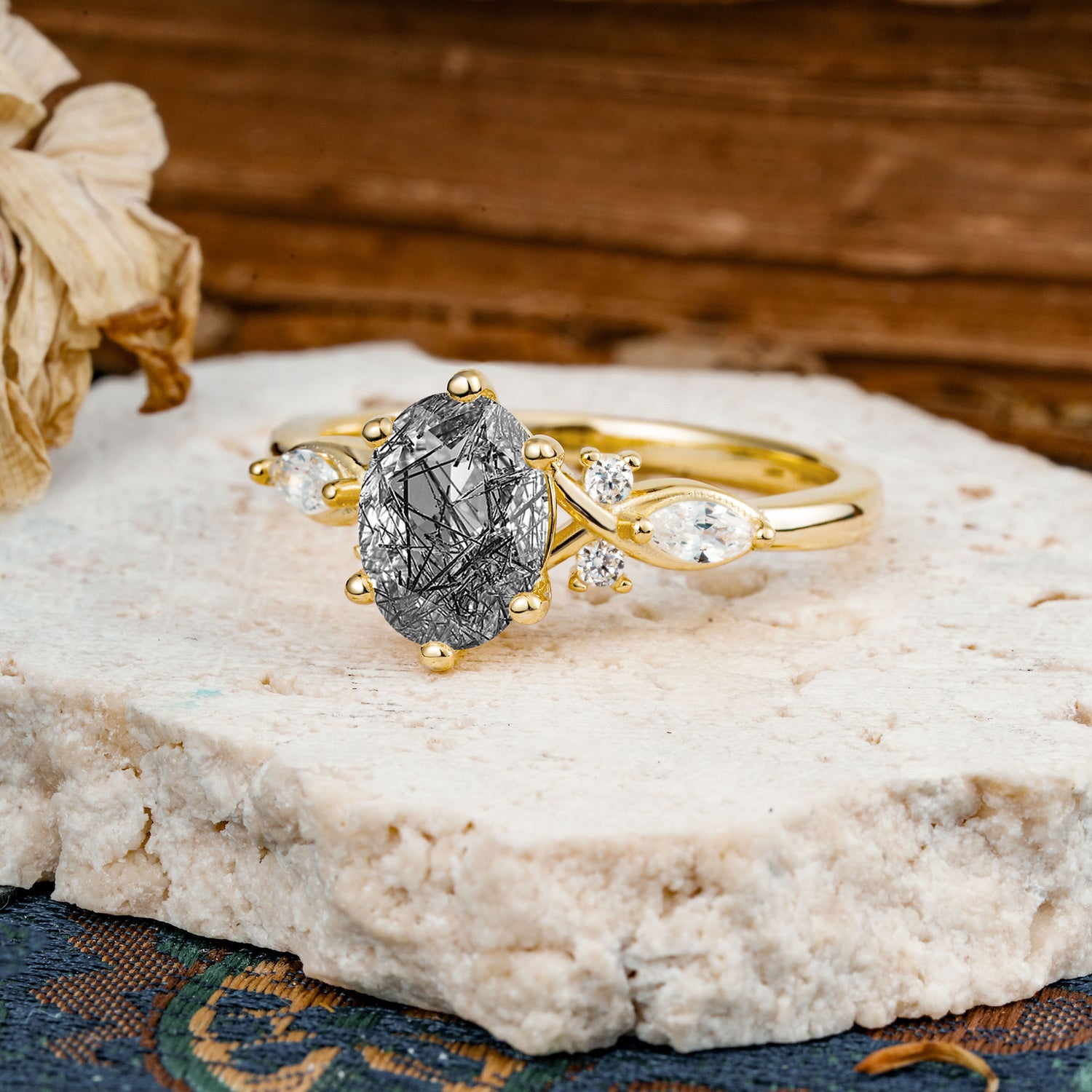 Nature Inspired 6 Prong Leaf Oval Cut Black Rutilated Quartz Engagement Ring - Additional view