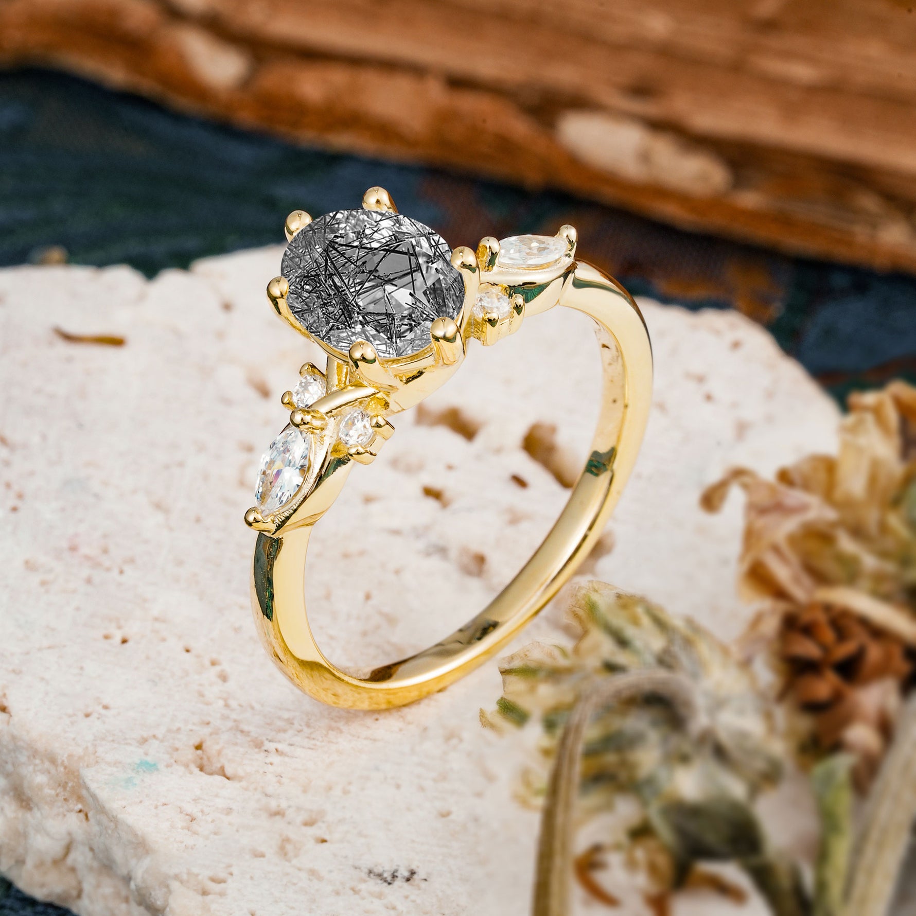 Nature Inspired 6 Prong Leaf Oval Cut Black Rutilated Quartz Engagement Ring - Additional view