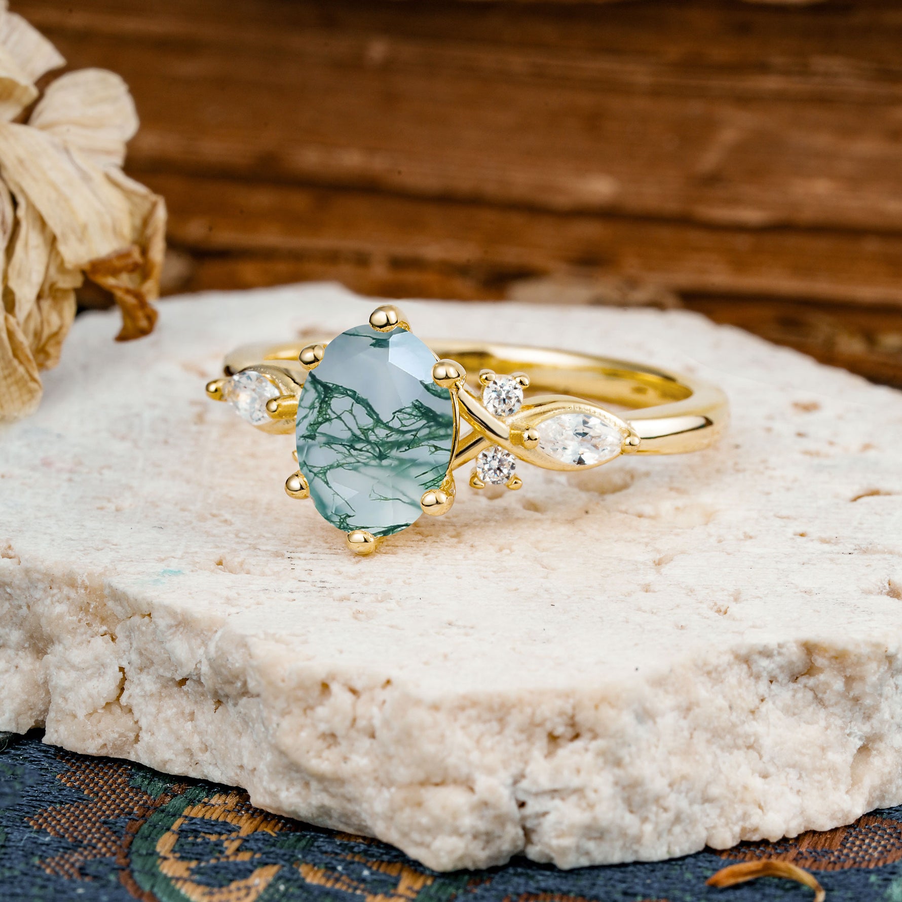 Nature Inspired 6 Prong Leaf Oval Cut Moss Agate Engagement Ring - Additional view