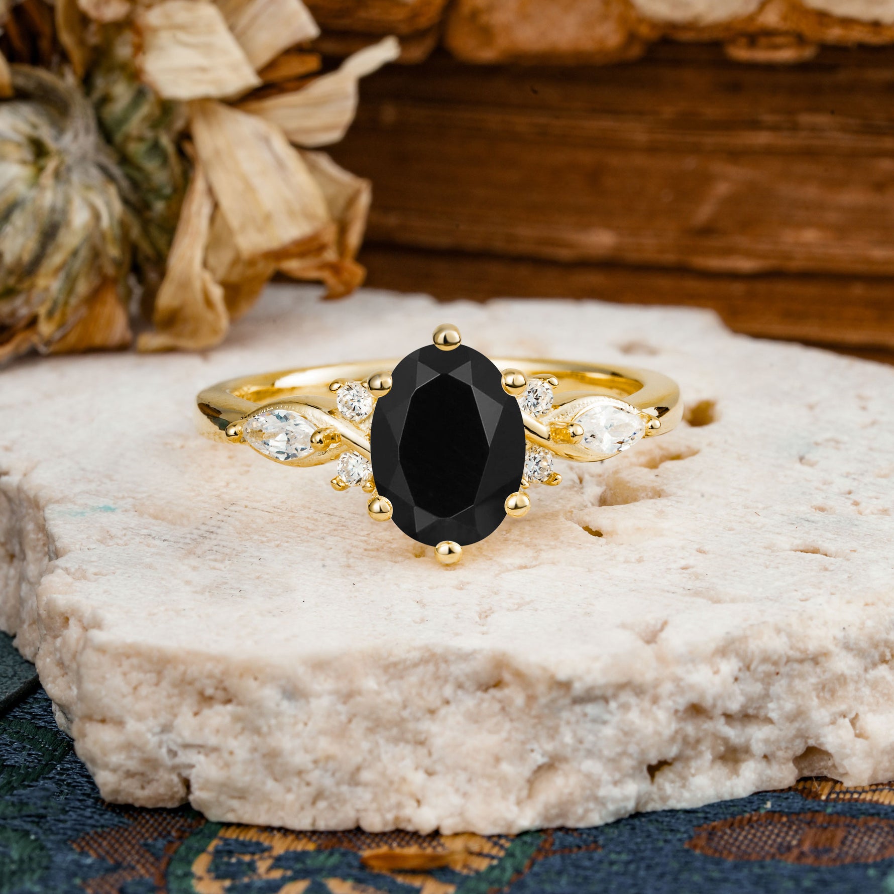 Nature Inspired 6 Prong Leaf Oval Cut Black Onyx Engagement Ring - Additional view