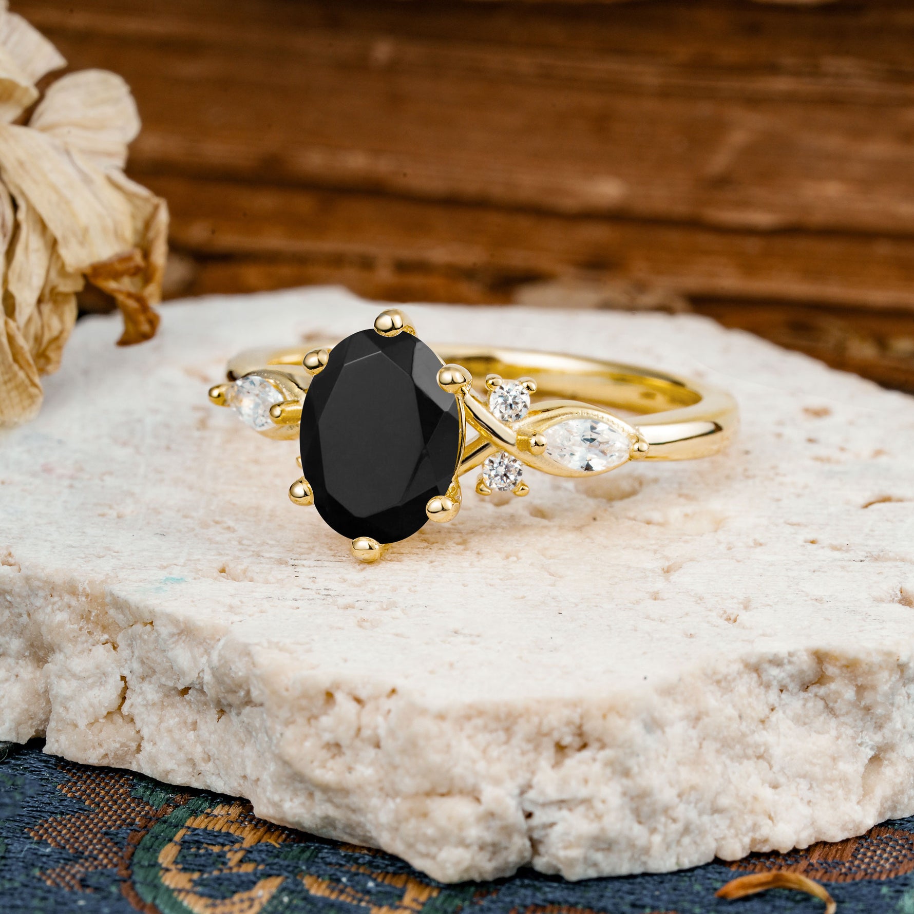 Nature Inspired 6 Prong Leaf Oval Cut Black Onyx Engagement Ring - Additional view
