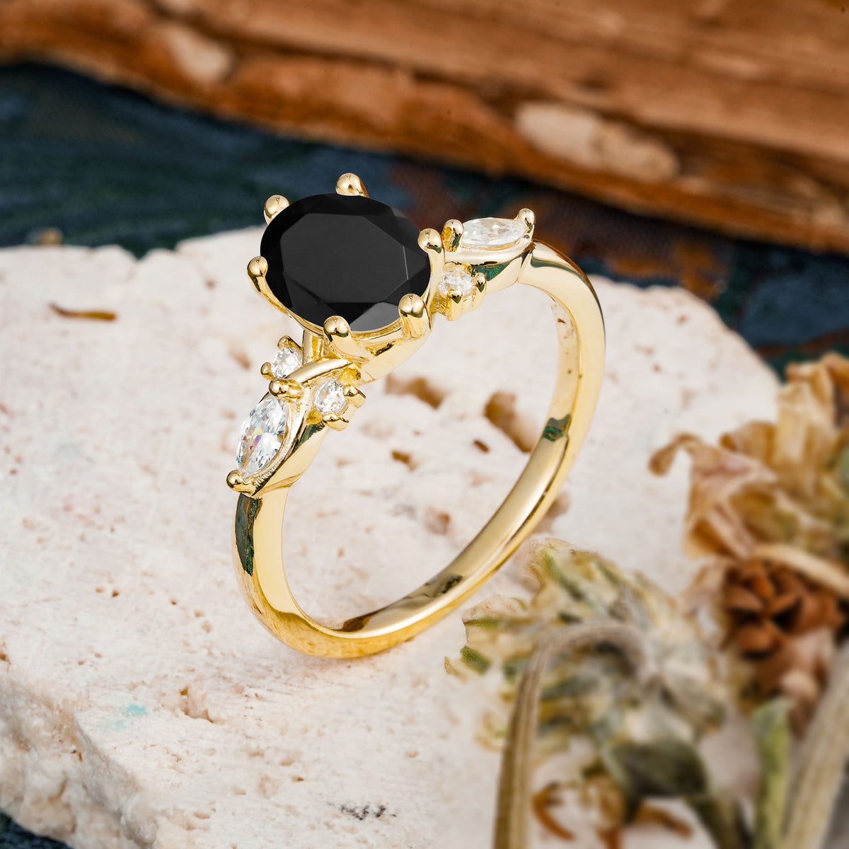 Nature Inspired 6 Prong Leaf Oval Cut Black Onyx Engagement Ring - Additional view