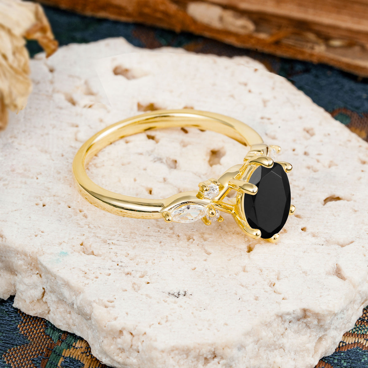 Nature Inspired 6 Prong Leaf Oval Cut Black Onyx Engagement Ring - Additional view