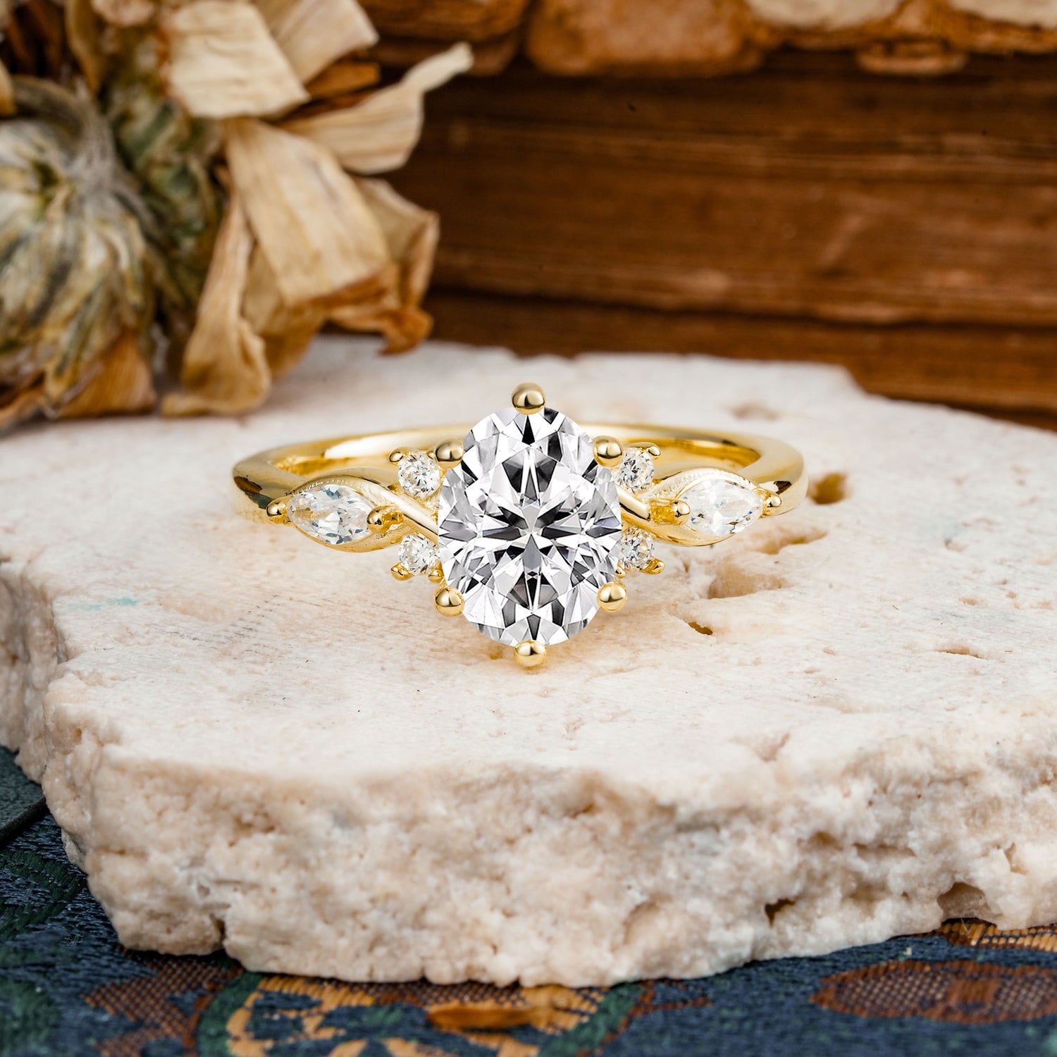 Nature Inspired 6 Prong Leaf Oval Cut Lab Diamond Engagement Ring - Additional view