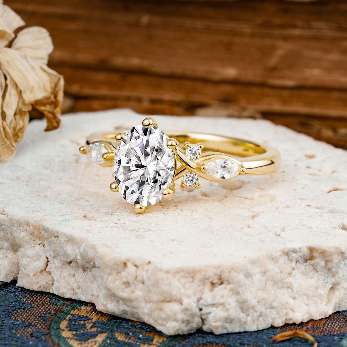 Nature Inspired 6 Prong Leaf Oval Cut Lab Diamond Engagement Ring - Additional view