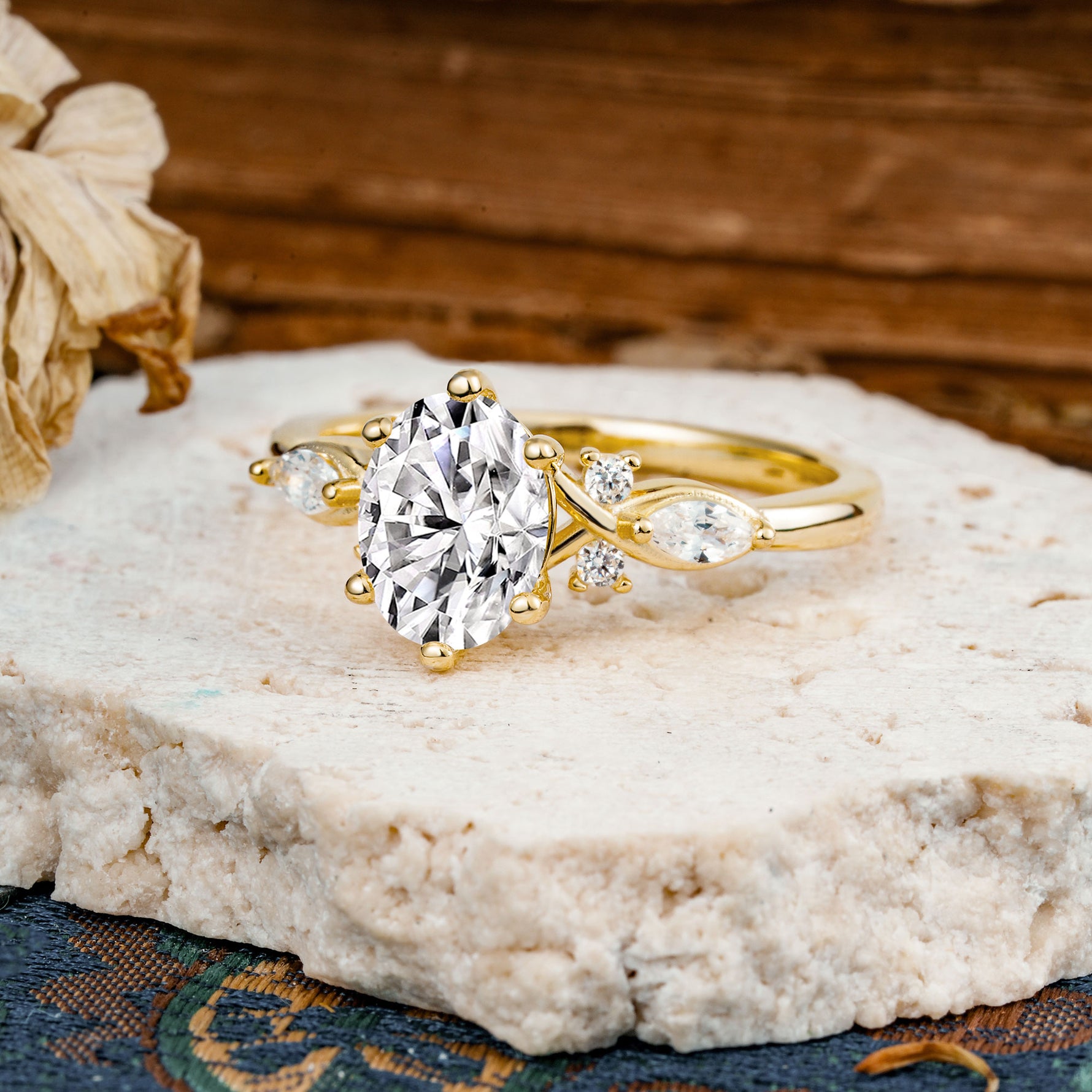 Nature Inspired 6 Prong Leaf Oval Cut Lab Diamond Engagement Ring - Additional view