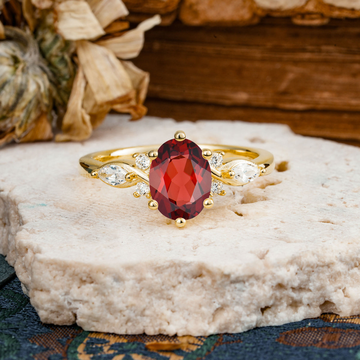 Nature Inspired 6 Prong Leaf Oval Cut Garnet Engagement Ring - Additional view