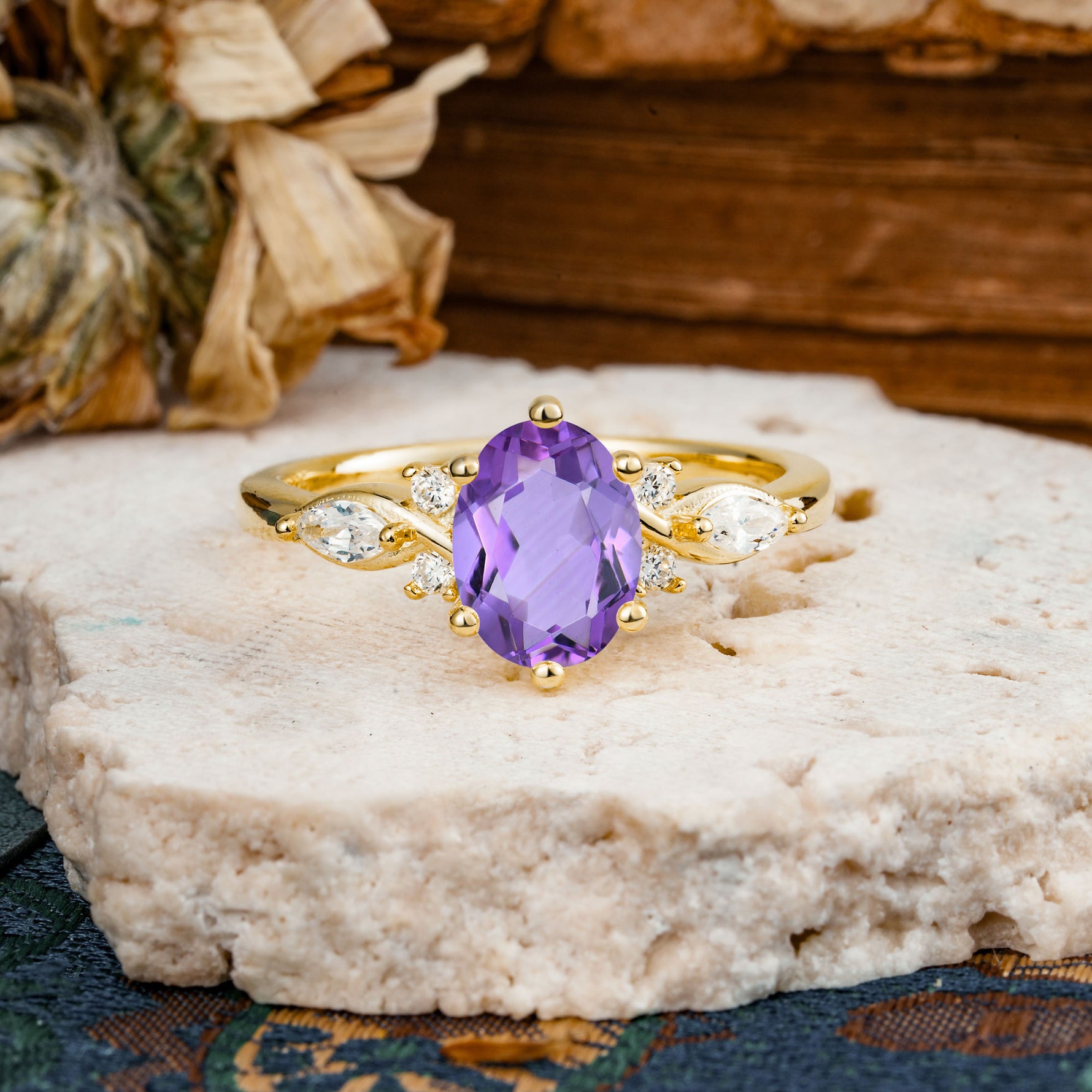 Nature Inspired 6 Prong Leaf Oval Cut Amethyst Engagement Ring - Additional view