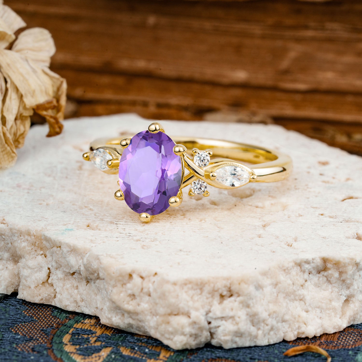 Nature Inspired 6 Prong Leaf Oval Cut Amethyst Engagement Ring - Additional view