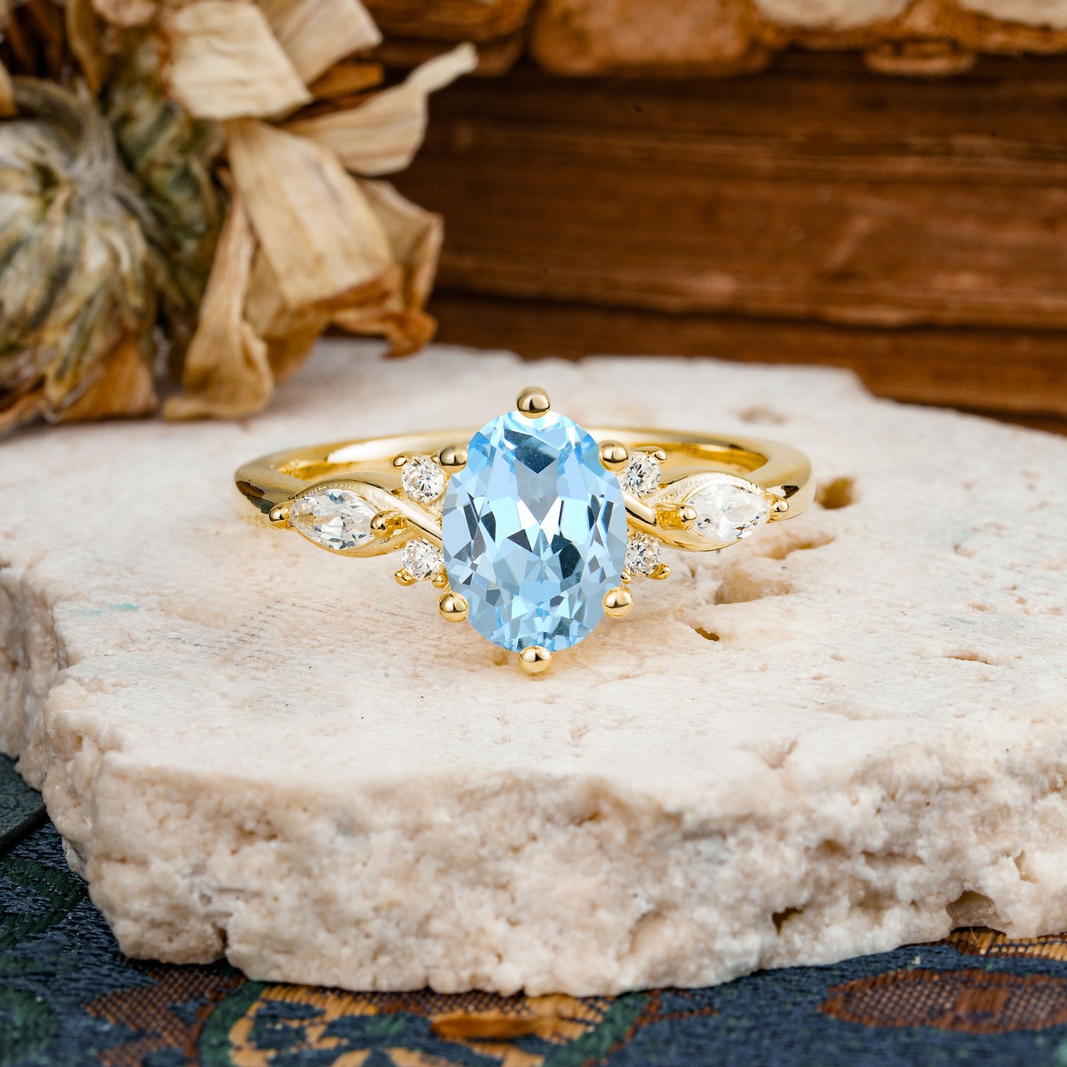 Nature Inspired 6 Prong Leaf Oval Cut Aquamarine Engagement Ring - Additional view
