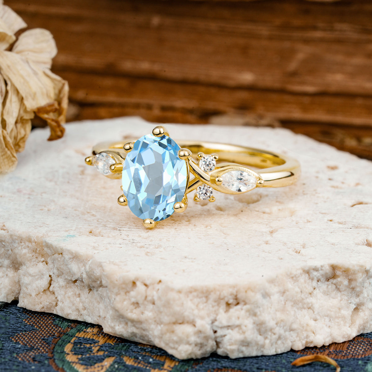 Nature Inspired 6 Prong Leaf Oval Cut Aquamarine Engagement Ring - Additional view