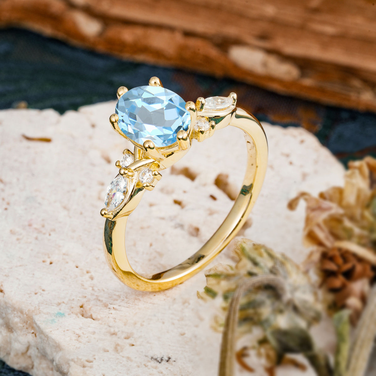 Nature Inspired 6 Prong Leaf Oval Cut Aquamarine Engagement Ring - Additional view