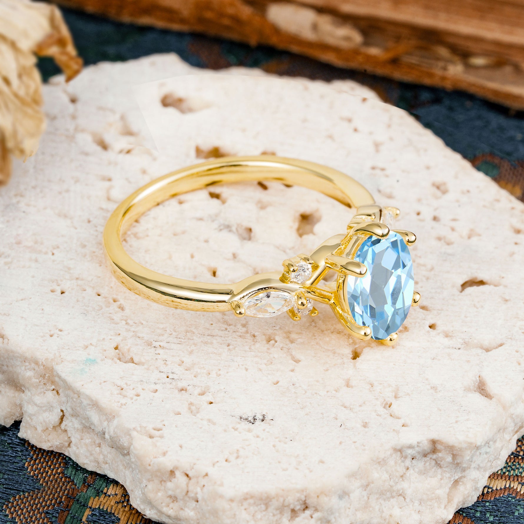 Nature Inspired 6 Prong Leaf Oval Cut Aquamarine Engagement Ring - Additional view