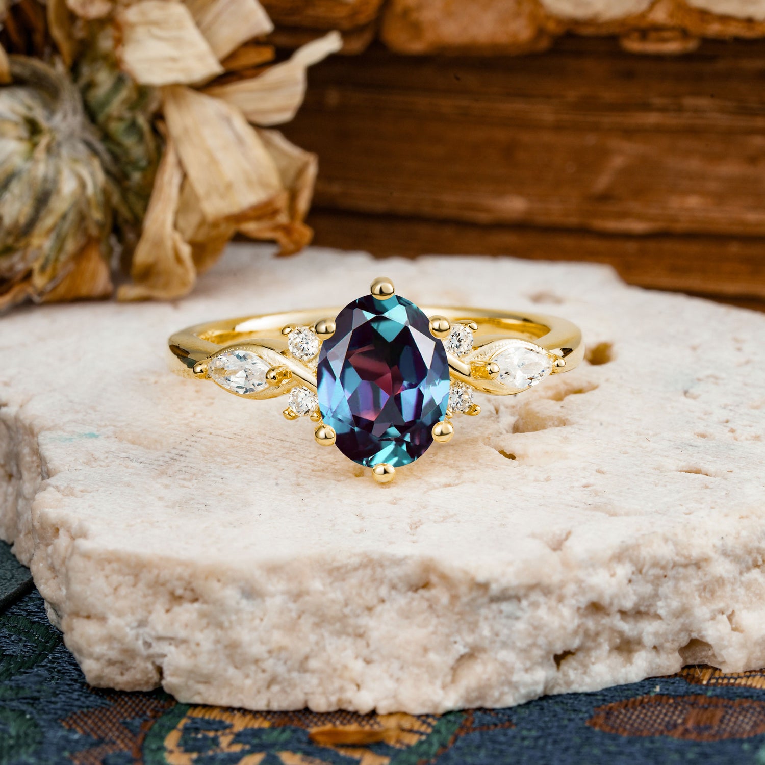 Nature Inspired 6 Prong Leaf Oval Cut Alexandrite Engagement Ring - Additional view