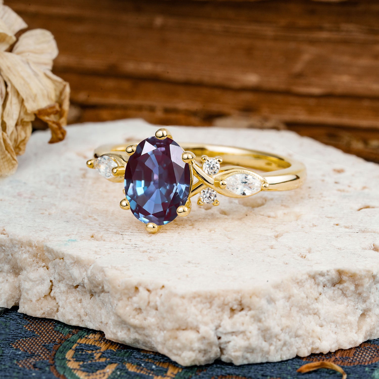 Nature Inspired 6 Prong Leaf Oval Cut Alexandrite Engagement Ring - Additional view