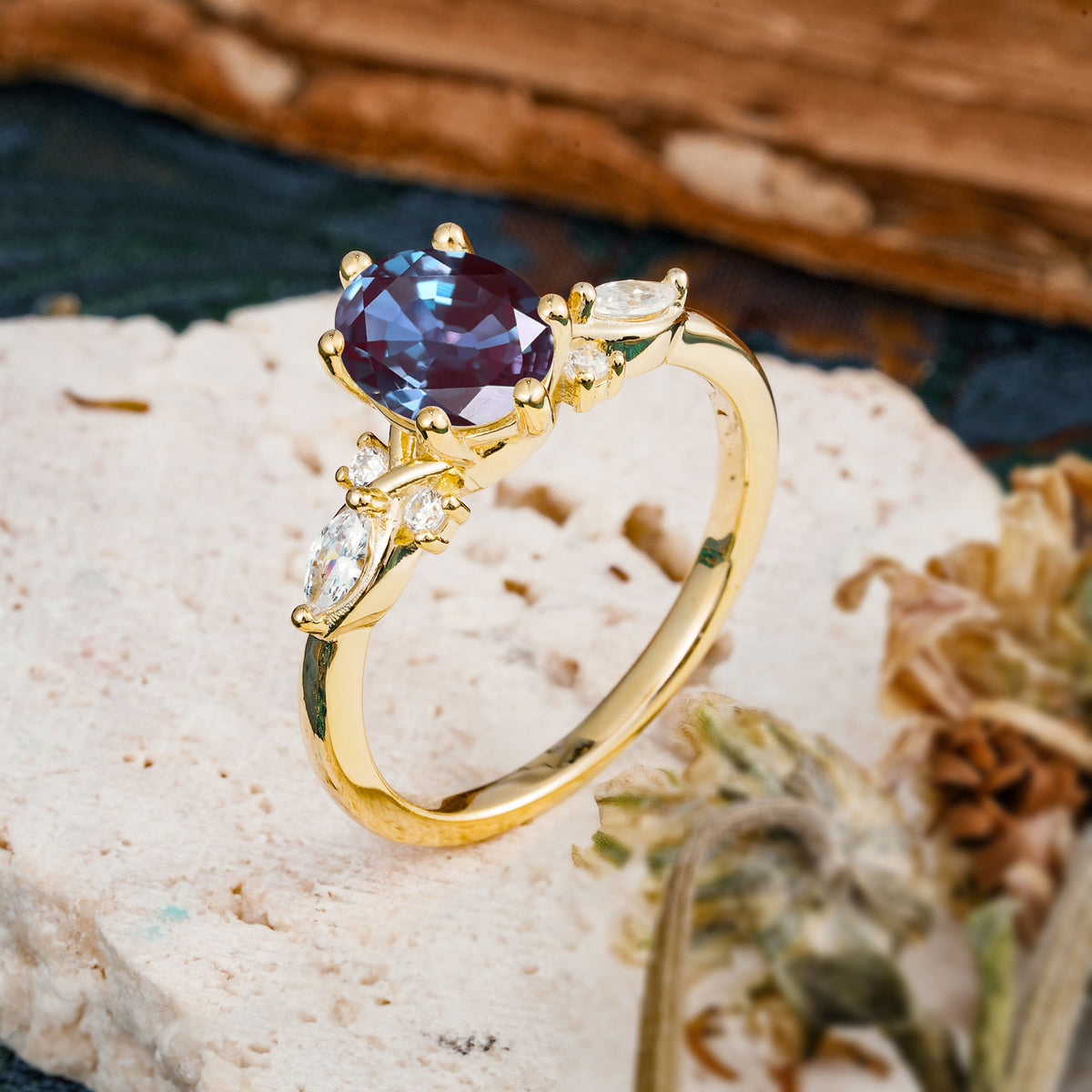 Nature Inspired 6 Prong Leaf Oval Cut Alexandrite Engagement Ring - Additional view