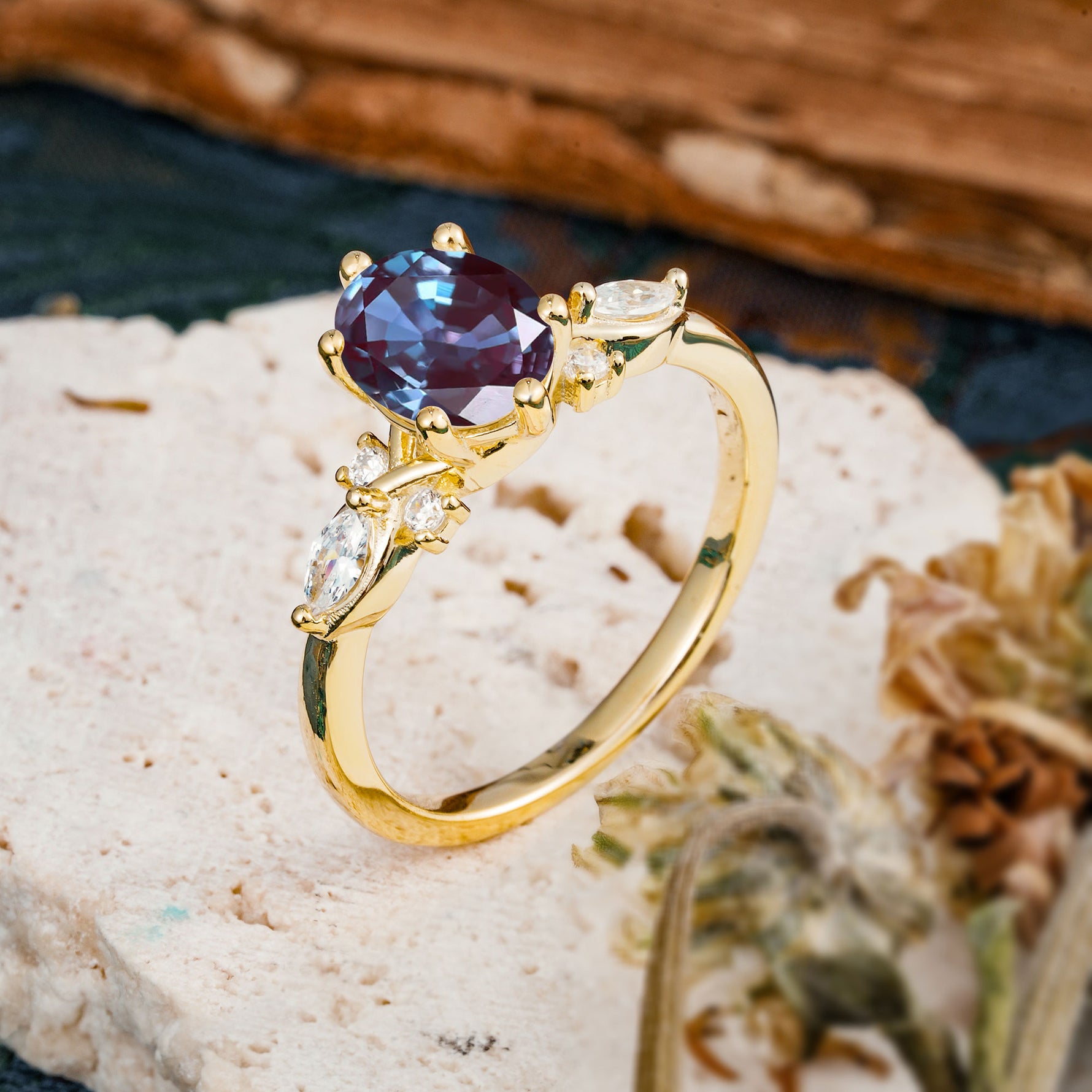 Nature Inspired 6 Prong Leaf Oval Cut Alexandrite Engagement Ring - Additional view