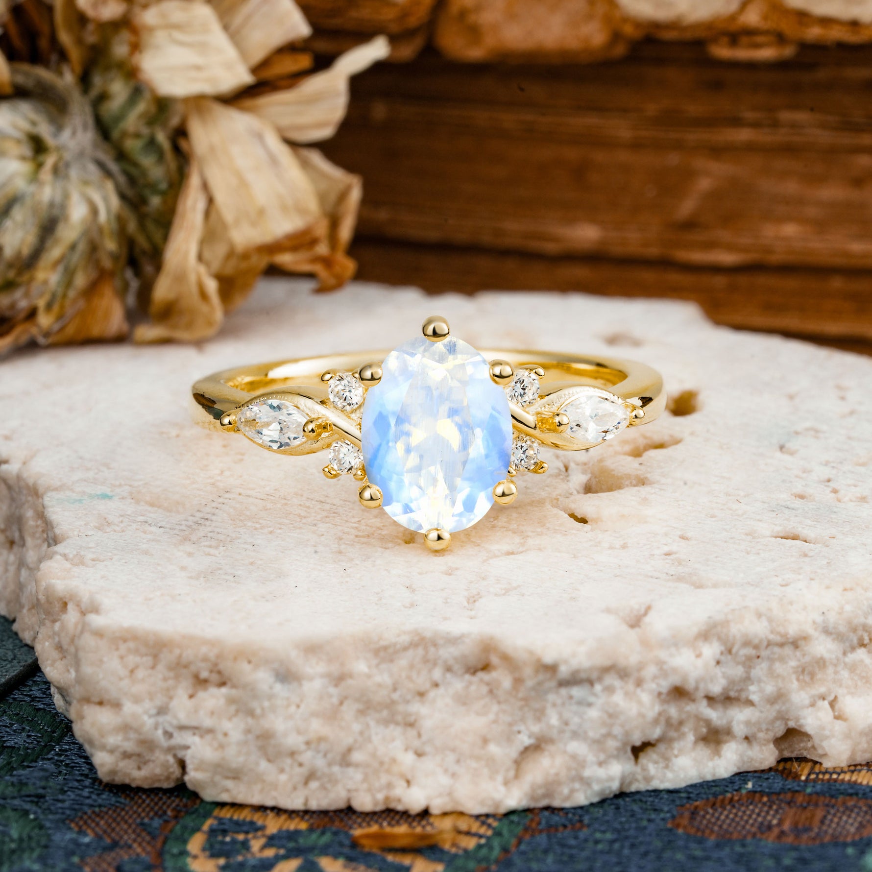 Nature Inspired 6 Prong Leaf Oval Cut Moonstone Engagement Ring - Additional view