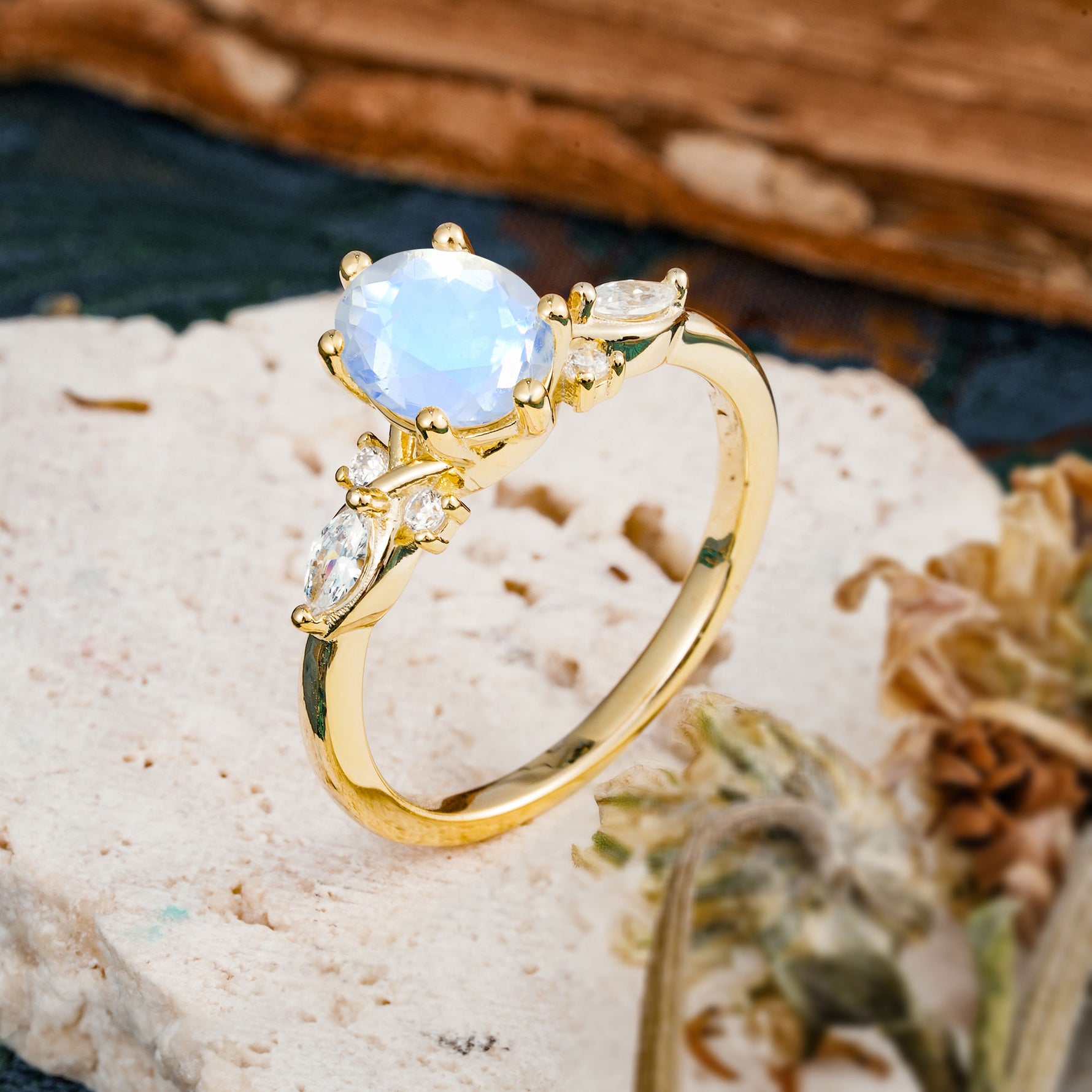 Nature Inspired 6 Prong Leaf Oval Cut Moonstone Engagement Ring - Additional view