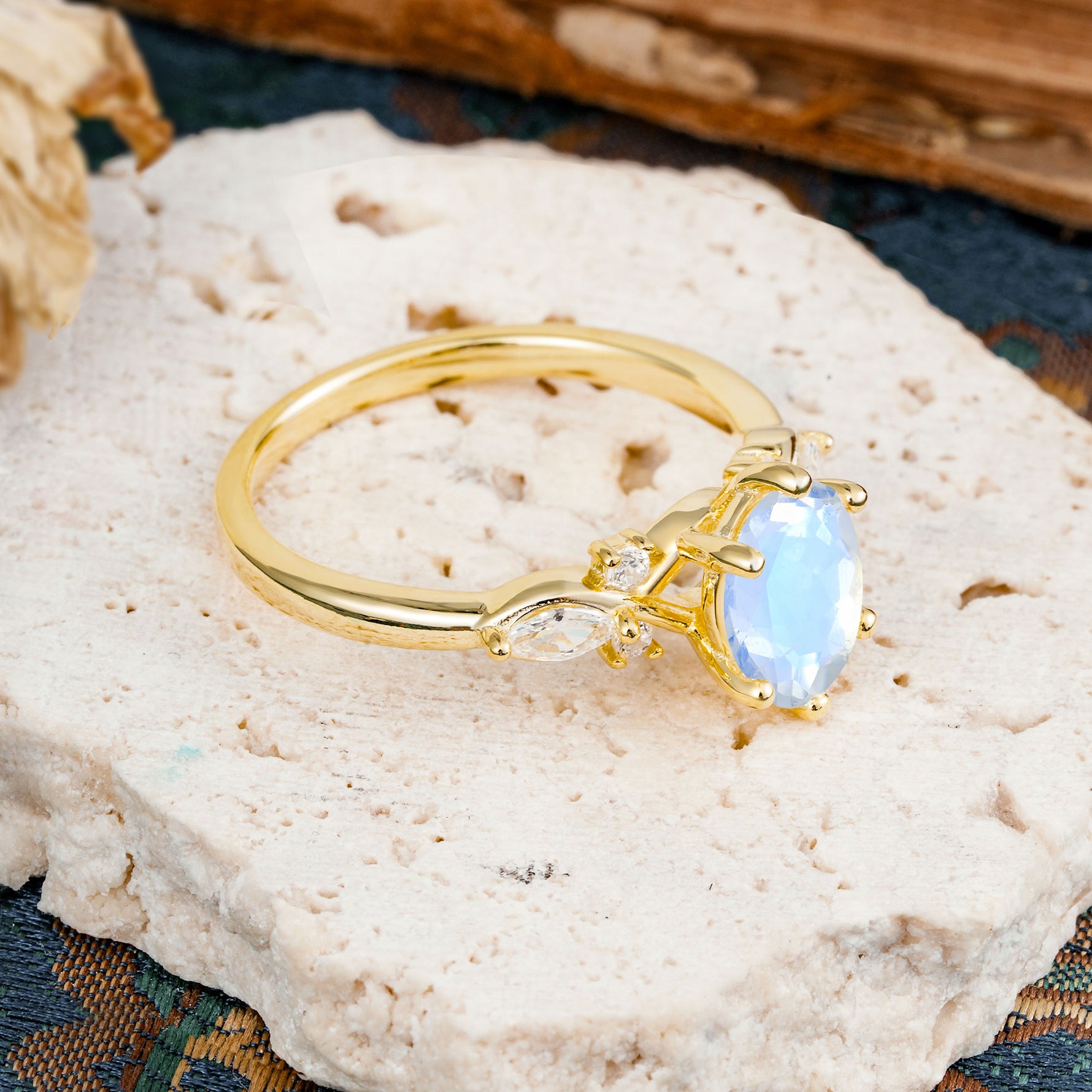 Nature Inspired 6 Prong Leaf Oval Cut Moonstone Engagement Ring - Additional view