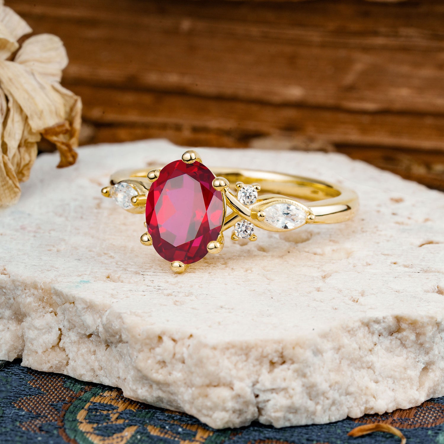 Nature Inspired 6 Prong Leaf Oval Cut Ruby Engagement Ring - Additional view