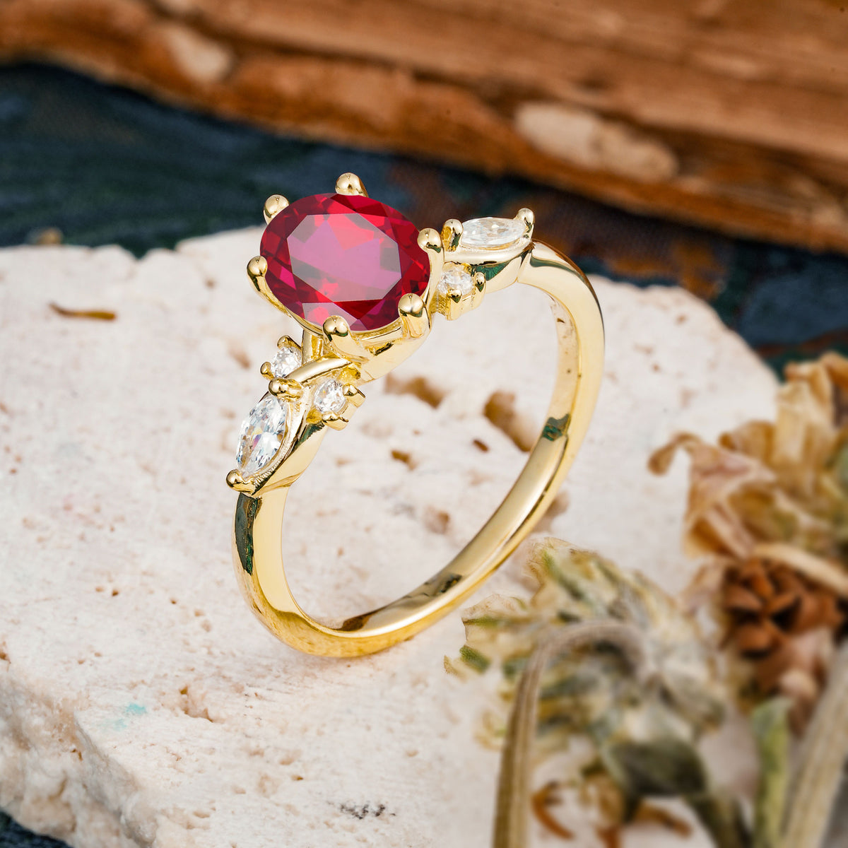 Nature Inspired 6 Prong Leaf Oval Cut Ruby Engagement Ring - Additional view