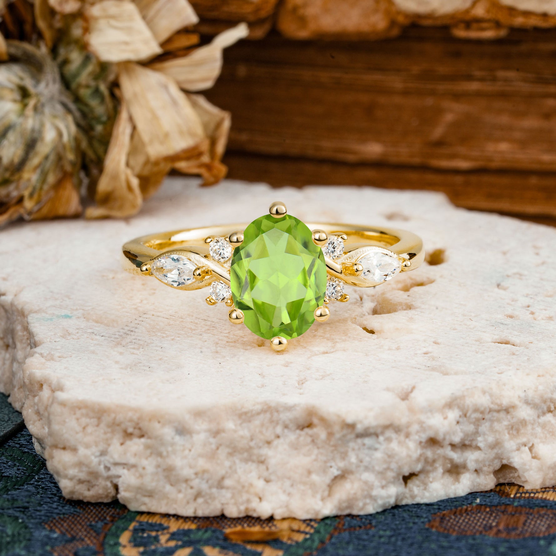 Nature Inspired 6 Prong Leaf Oval Cut Peridot Engagement Ring - Additional view
