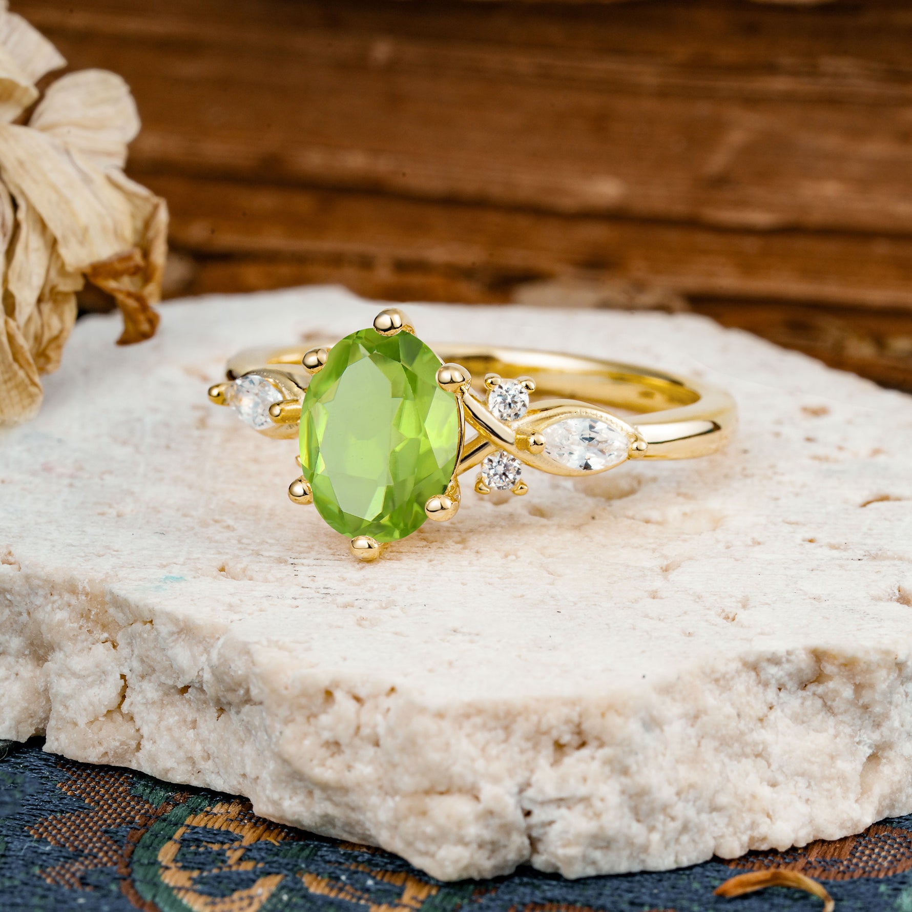 Nature Inspired 6 Prong Leaf Oval Cut Peridot Engagement Ring - Additional view