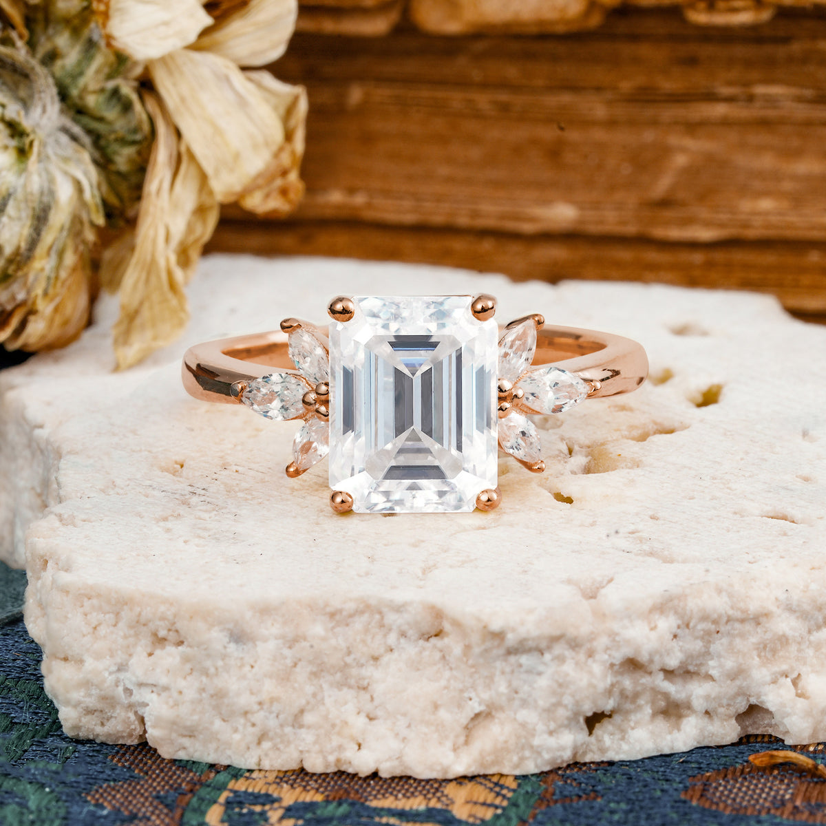 Vintage Emerald Cut Moissanite Side Stone Engagement Ring with Marquise Accents - Additional view