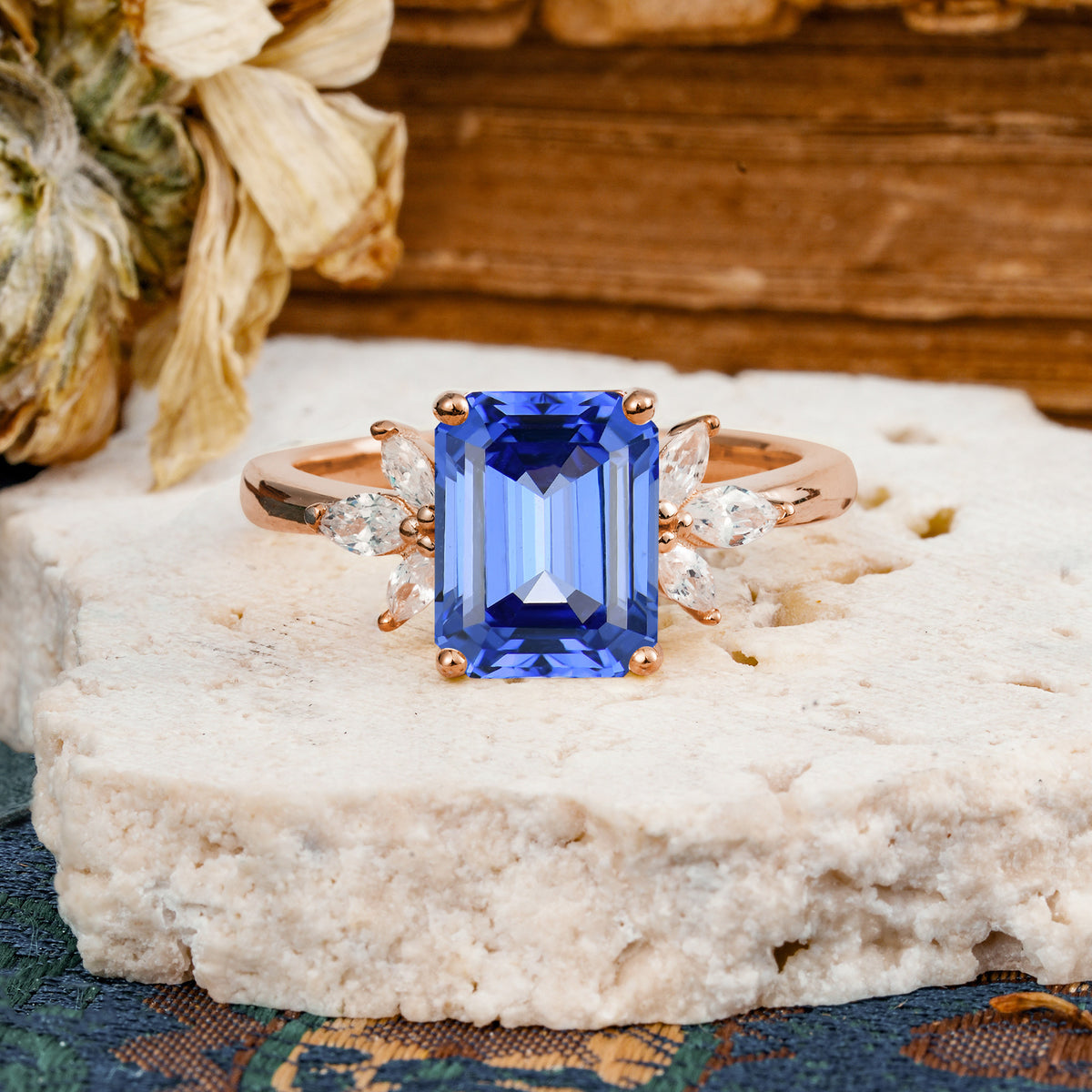 Vintage Emerald Cut Sapphire Side Stone Engagement Ring with Marquise Accents - Additional view