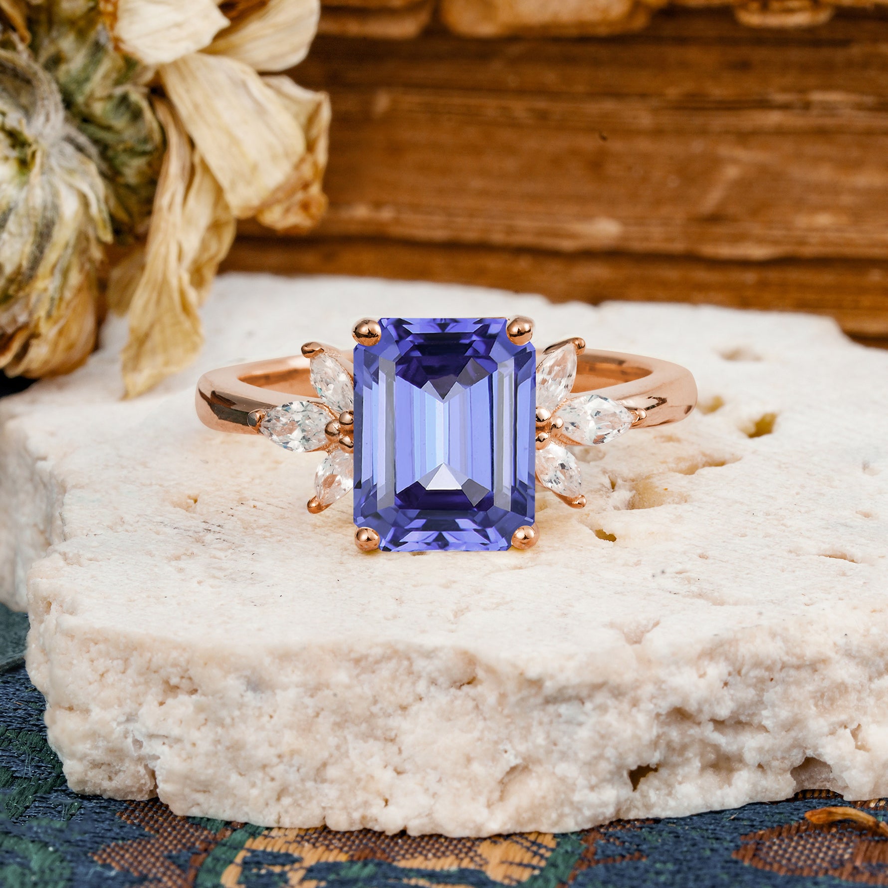 Vintage Emerald Cut Tanzanite Side Stone Engagement Ring with Marquise Accents - Additional view