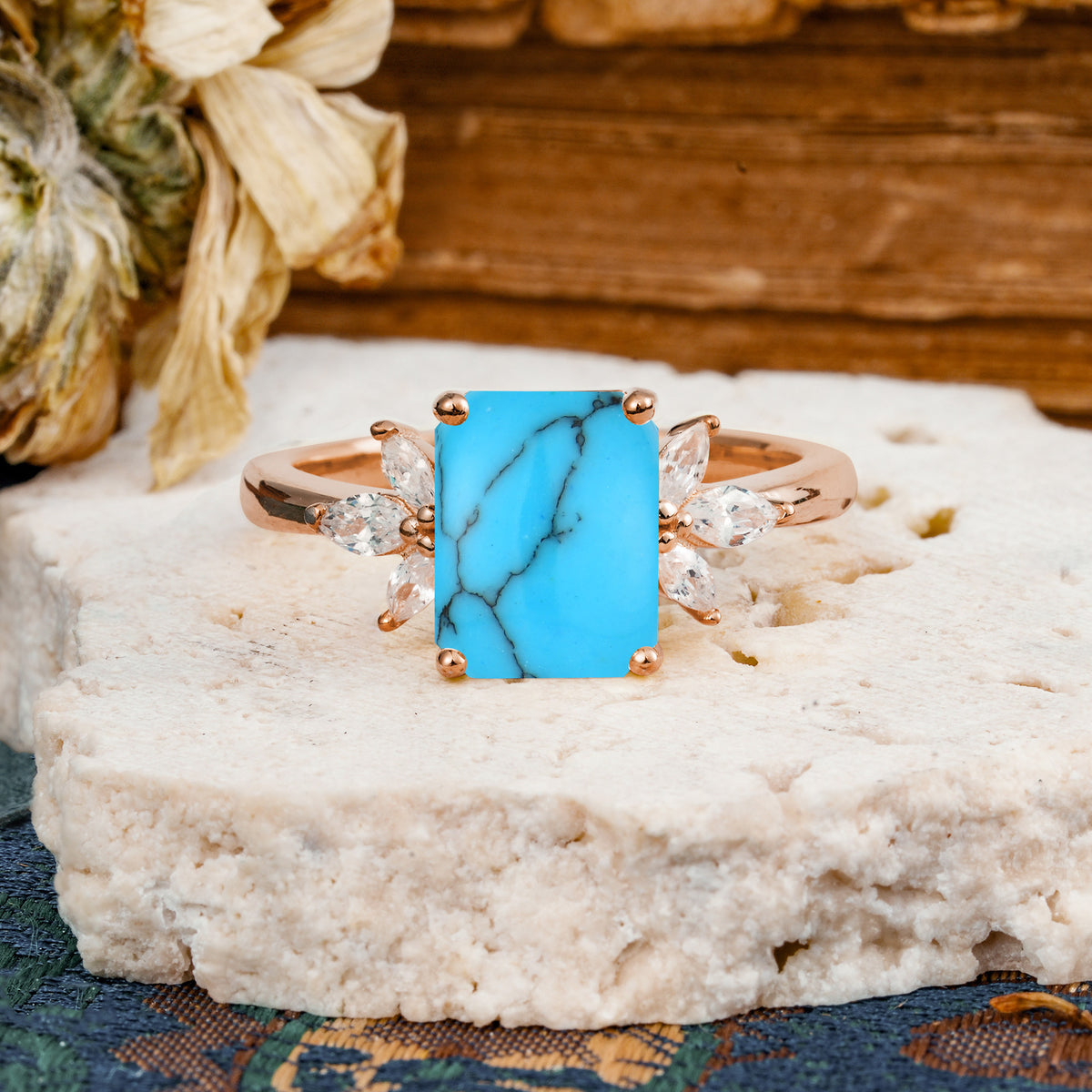 Vintage Emerald Cut Turquoise Side Stone Engagement Ring with Marquise Accents - Additional view