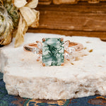 Vintage Emerald Cut Moss Agate Side Stone Engagement Ring with Marquise Accents - Additional view