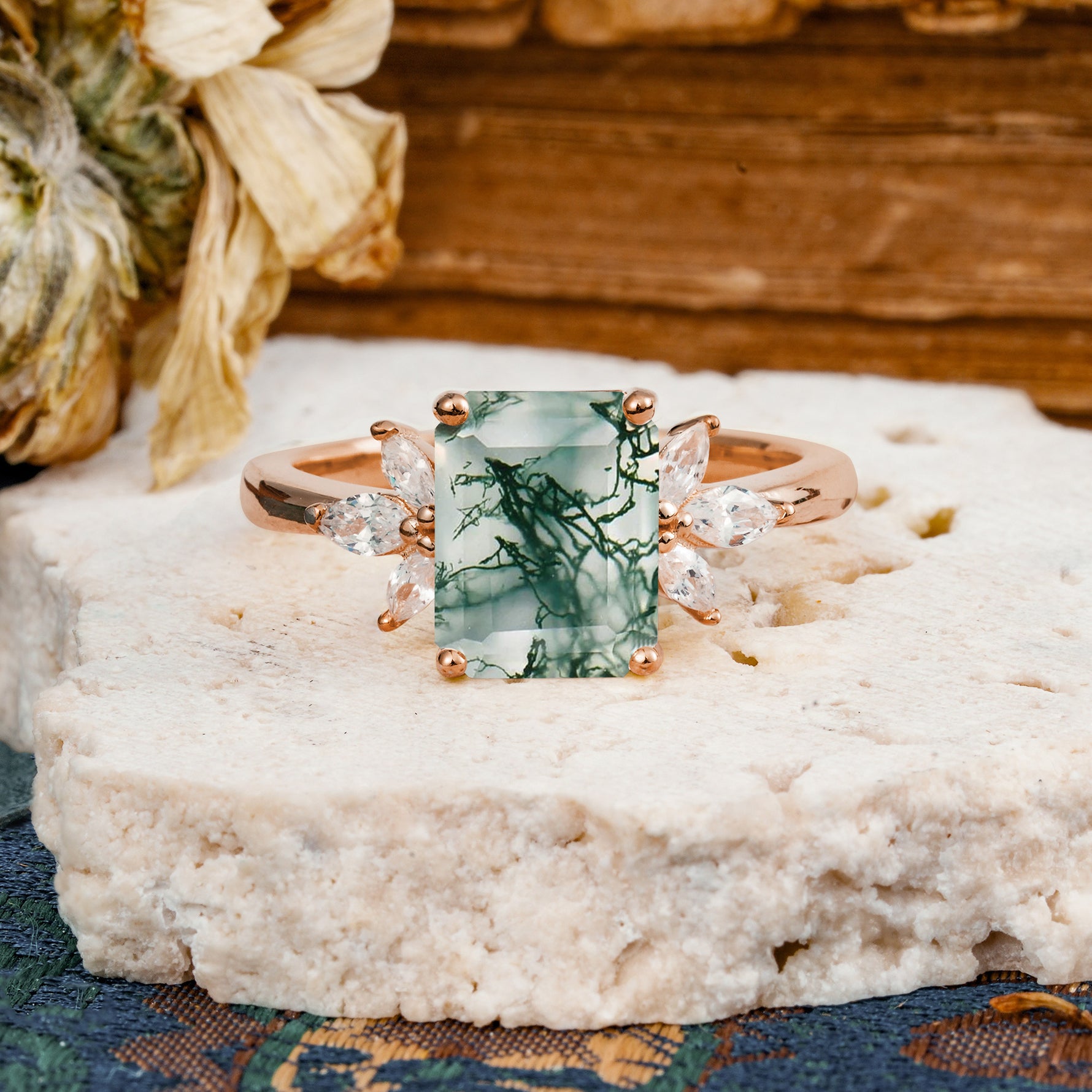 Vintage Emerald Cut Moss Agate Side Stone Engagement Ring with Marquise Accents - Additional view